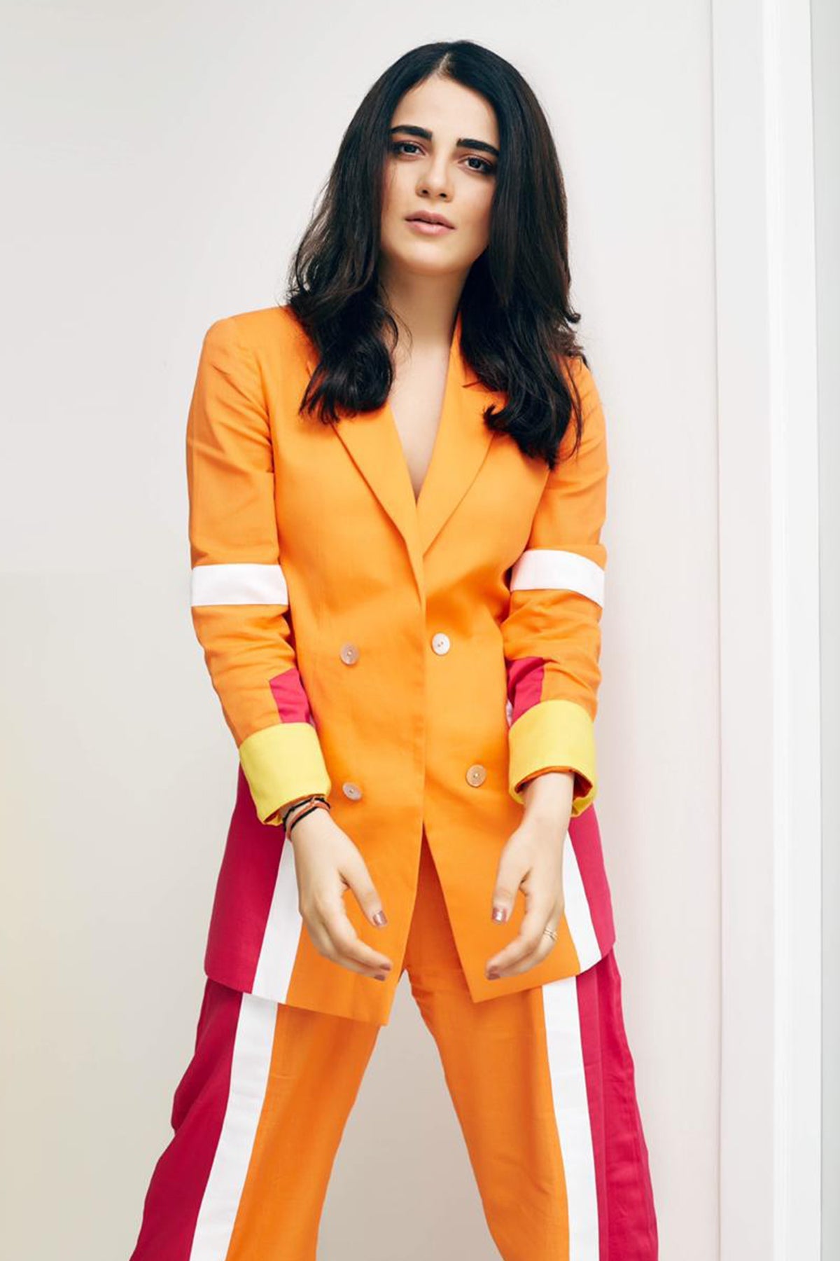 Buy Orange and Pink Color-block Blazer Set | Nidhika Shekhar