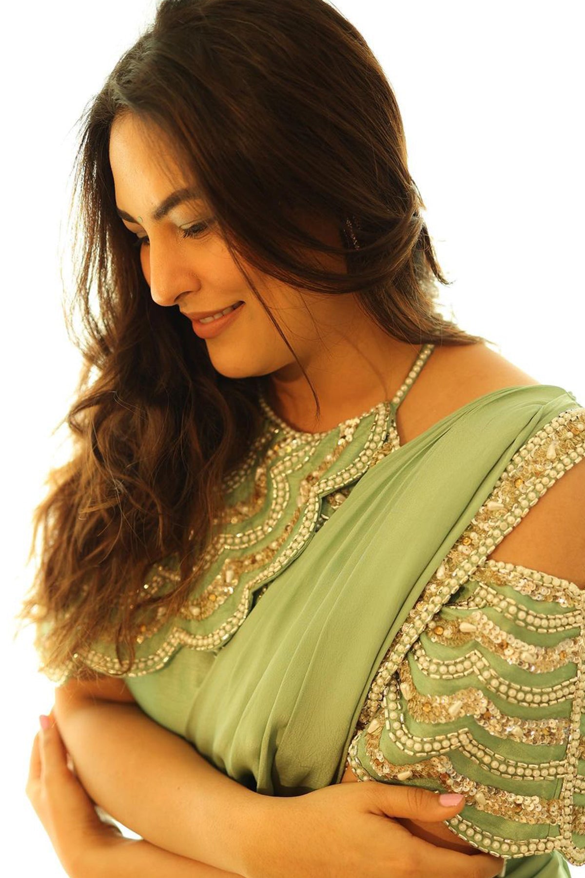 Women's Designer Olive Green Drape Saree