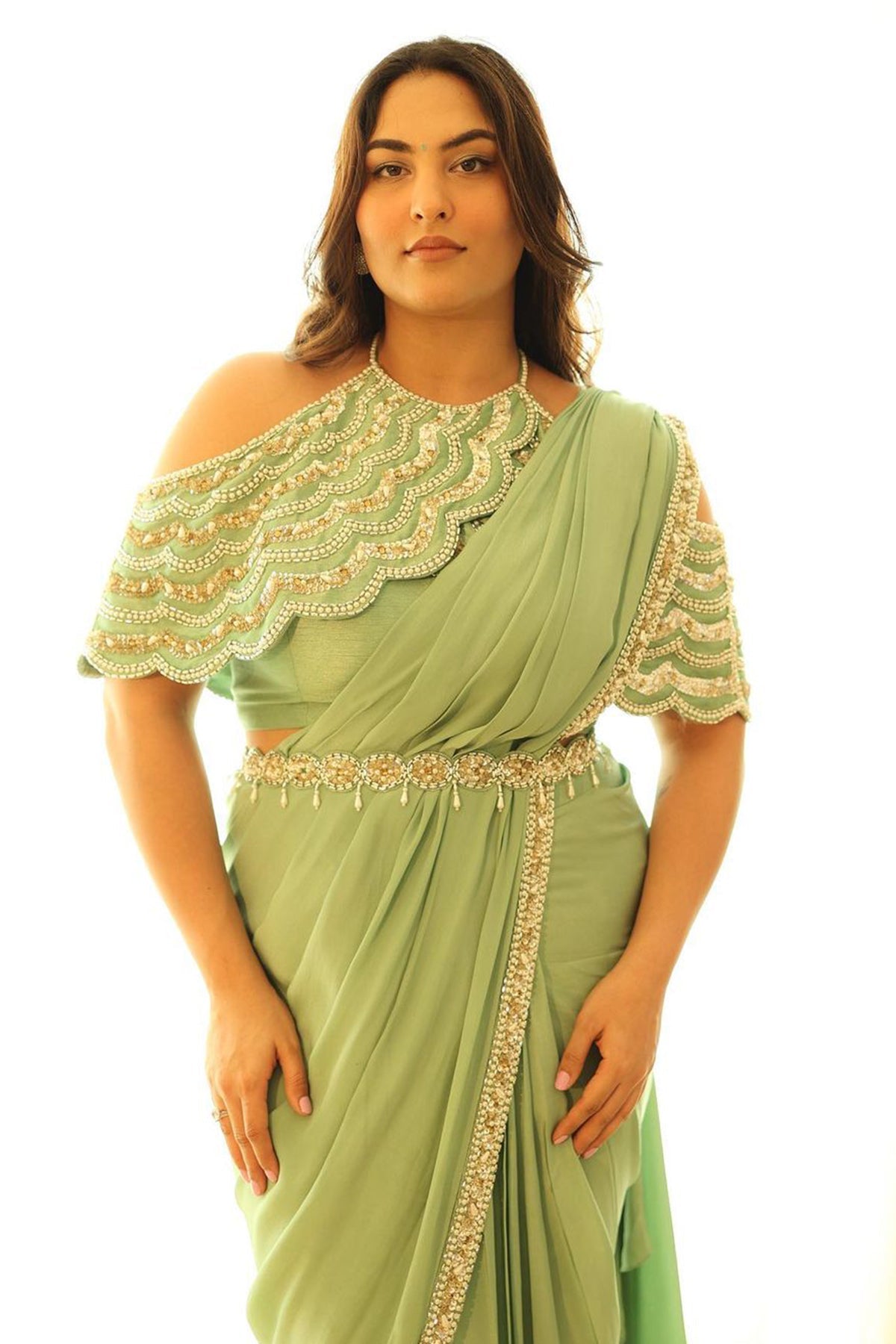 Women's Designer Olive Green Drape Saree