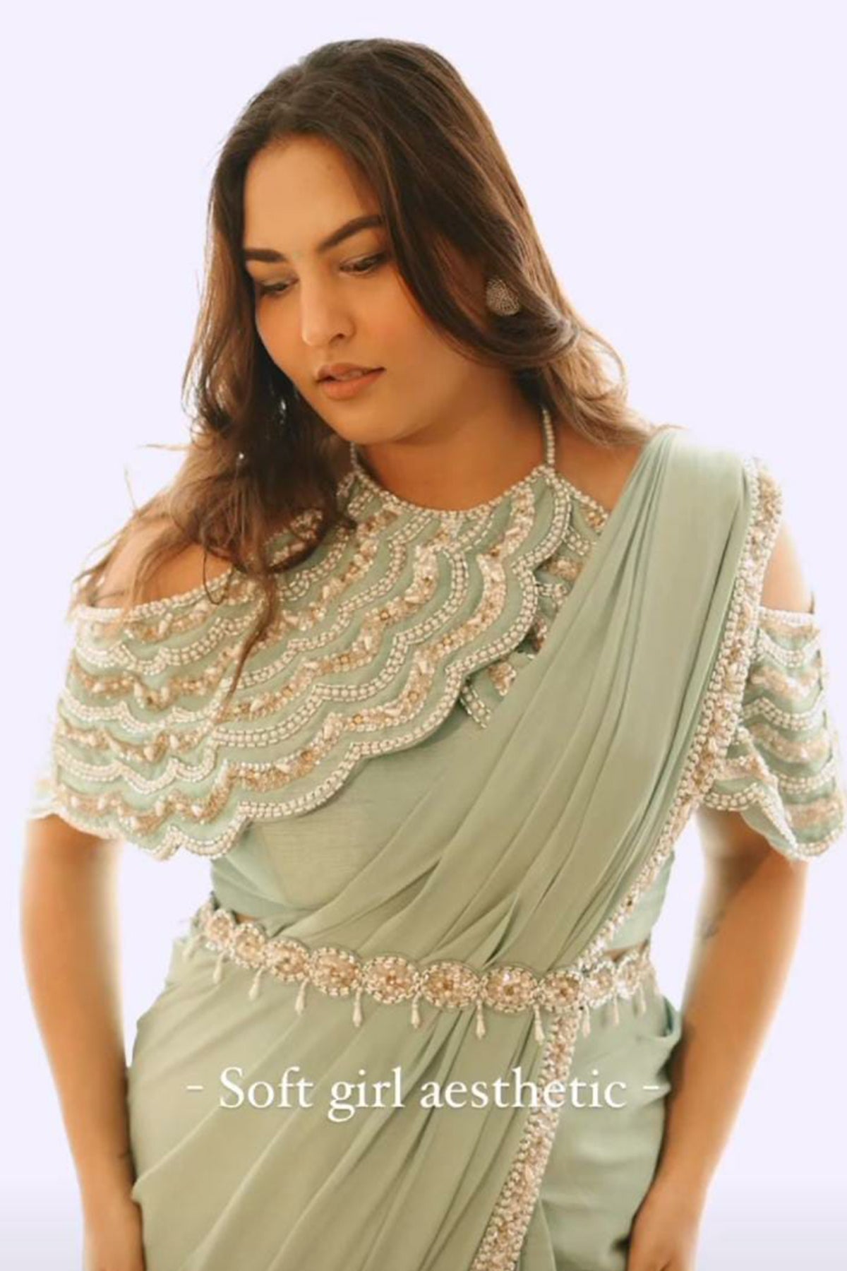 Women's Designer Olive Green Drape Saree