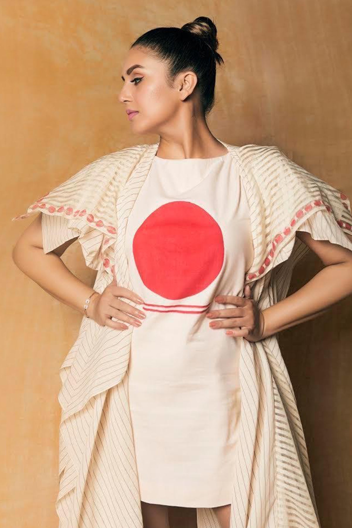 Designer Off White Drape Cape Dress Set