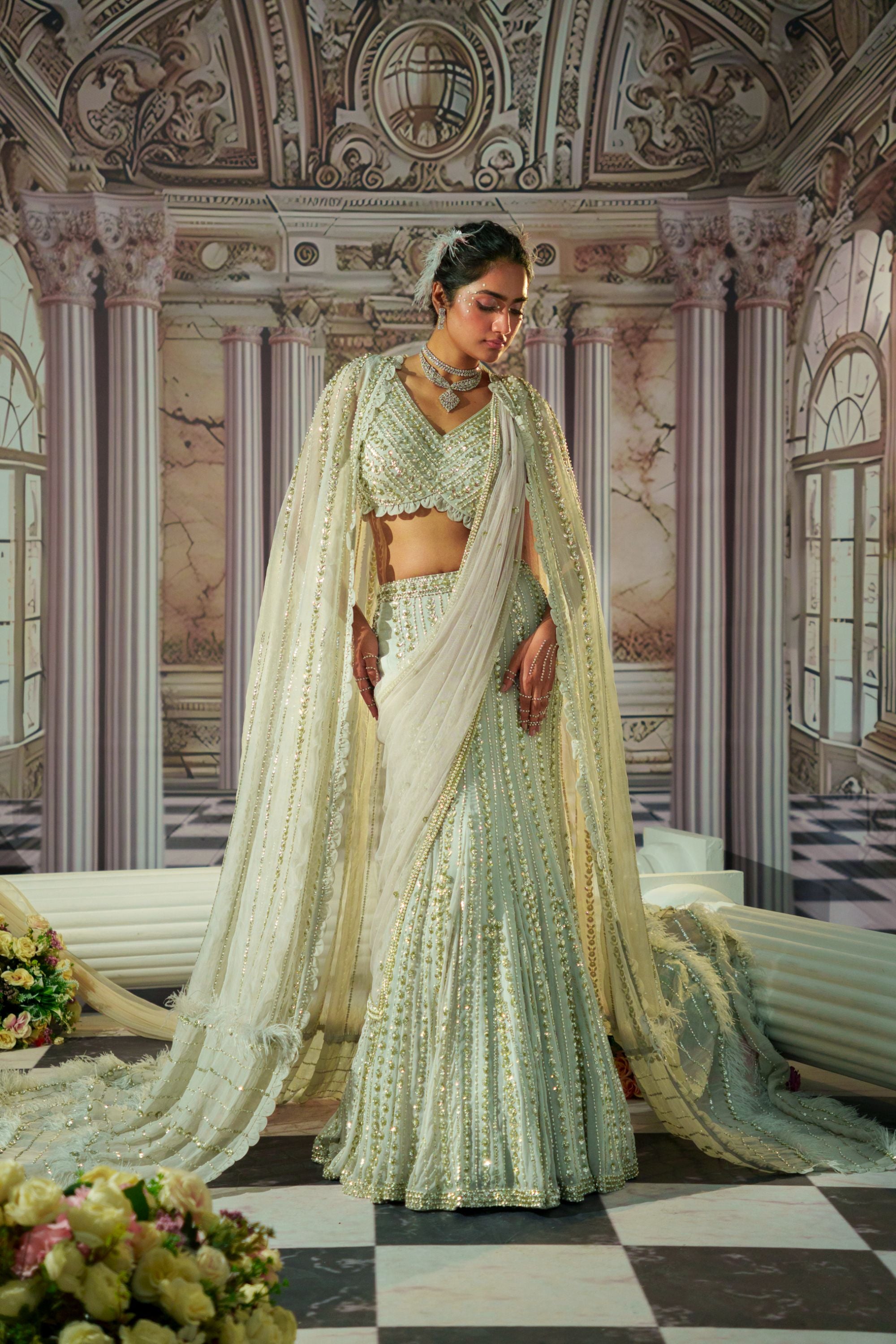 CELESTIAL SILVER LEHENGA SET WITH VEIL