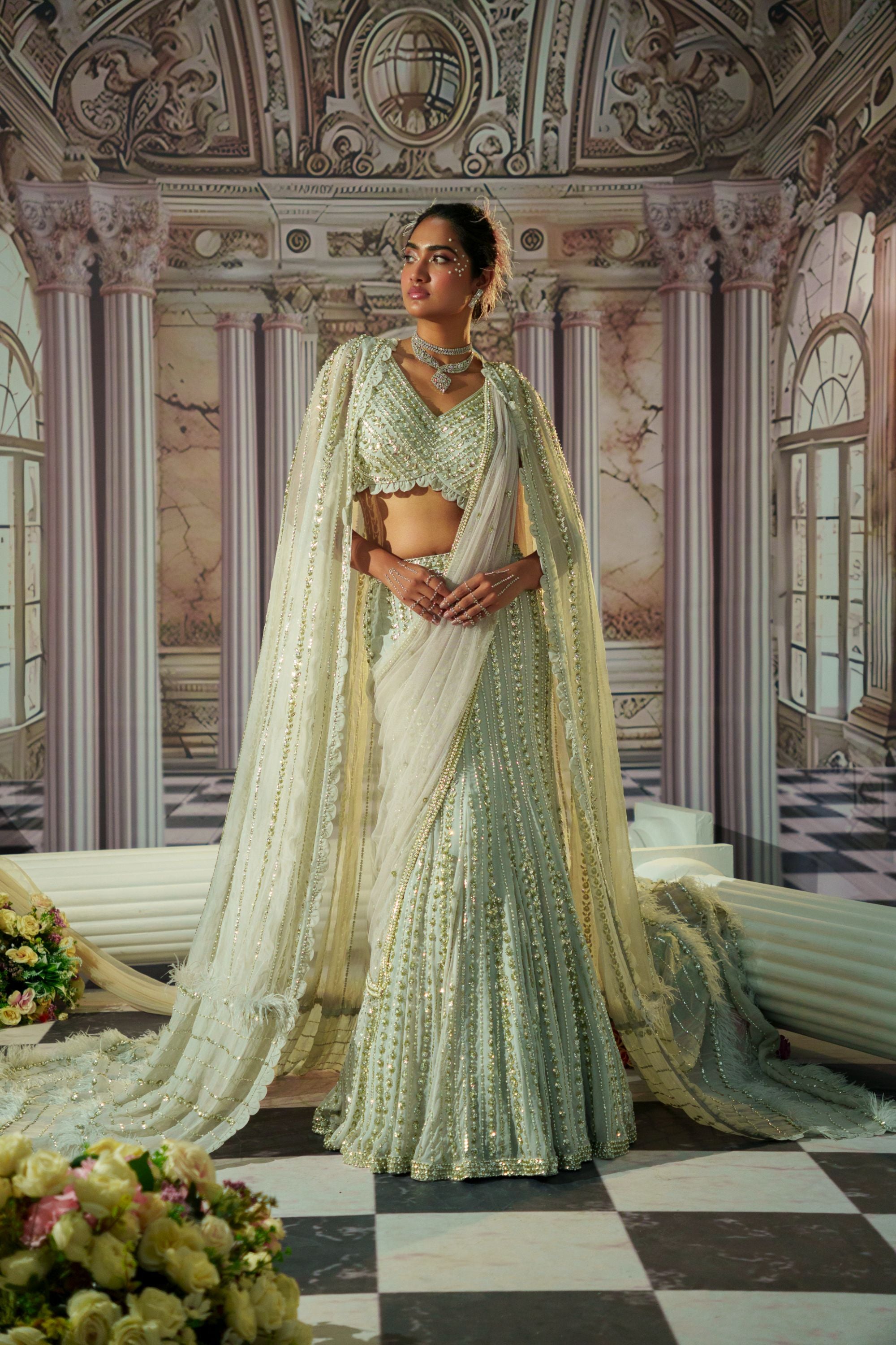 CELESTIAL SILVER LEHENGA SET WITH VEIL
