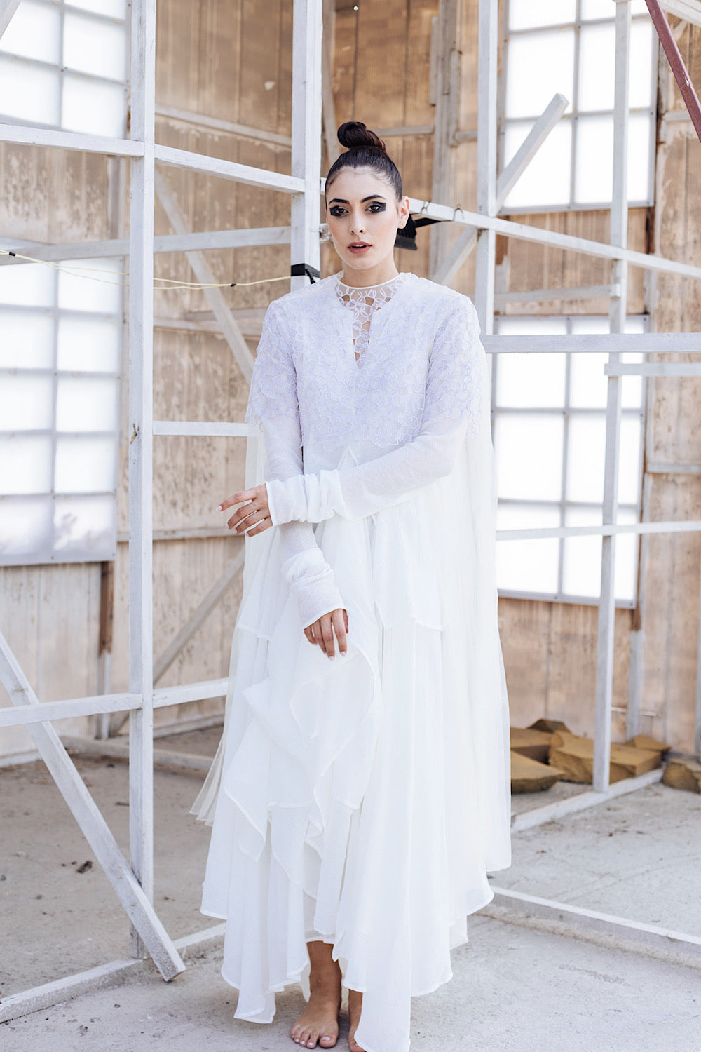 Nidhika Shekhar Buy Divine - White Drape Layered Dress Set