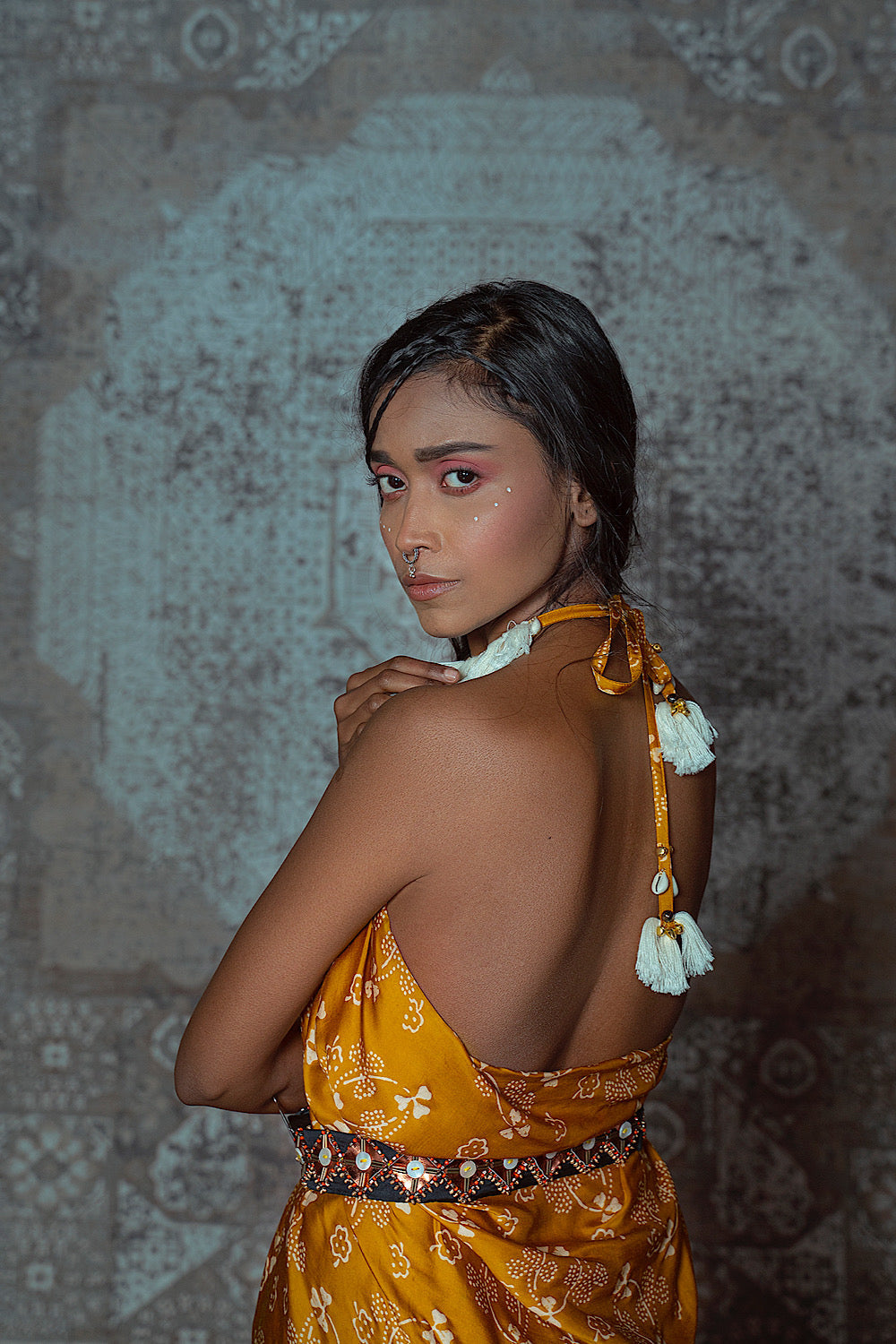 Buy Yellow Ajrakh Print Drape Halter Dress | Nidhika Shekhar