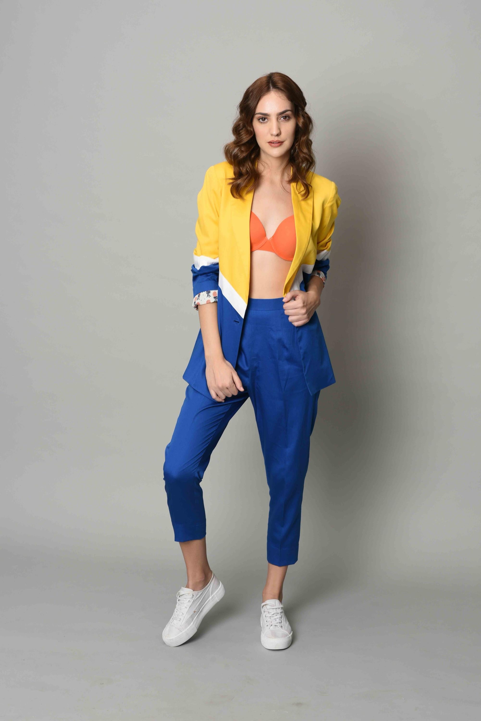 Buy Yellow Blue Color Block Blazer Set Nidhika Shekhar