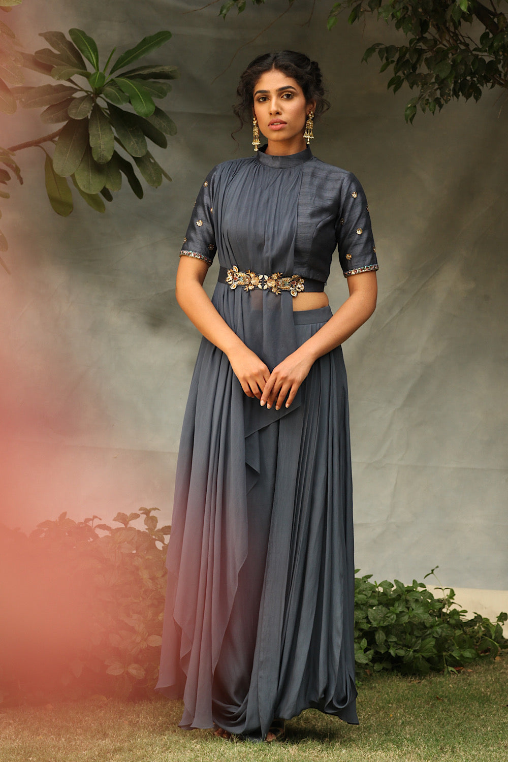 blue pleated one shoulder dress Odette Dark Blue Georgette Stitched Printed Indo Western Dress For Wom main image 1