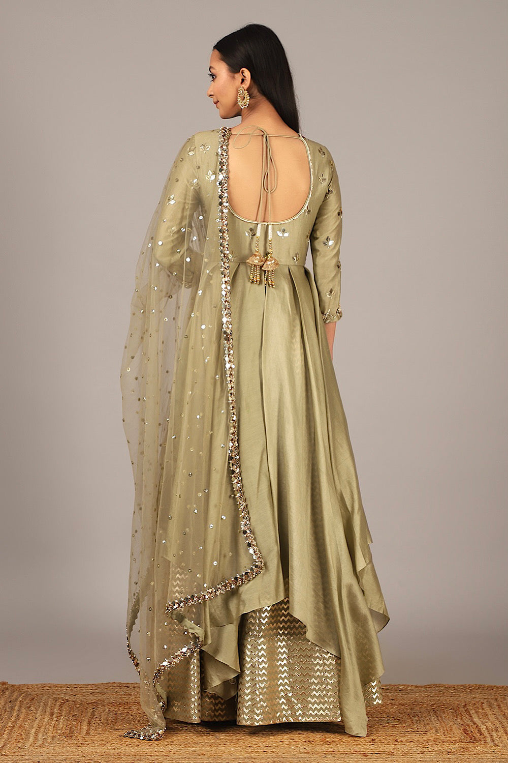 Muted Green Chanderi Drape Lehenga Set | Nidhika Shekhar