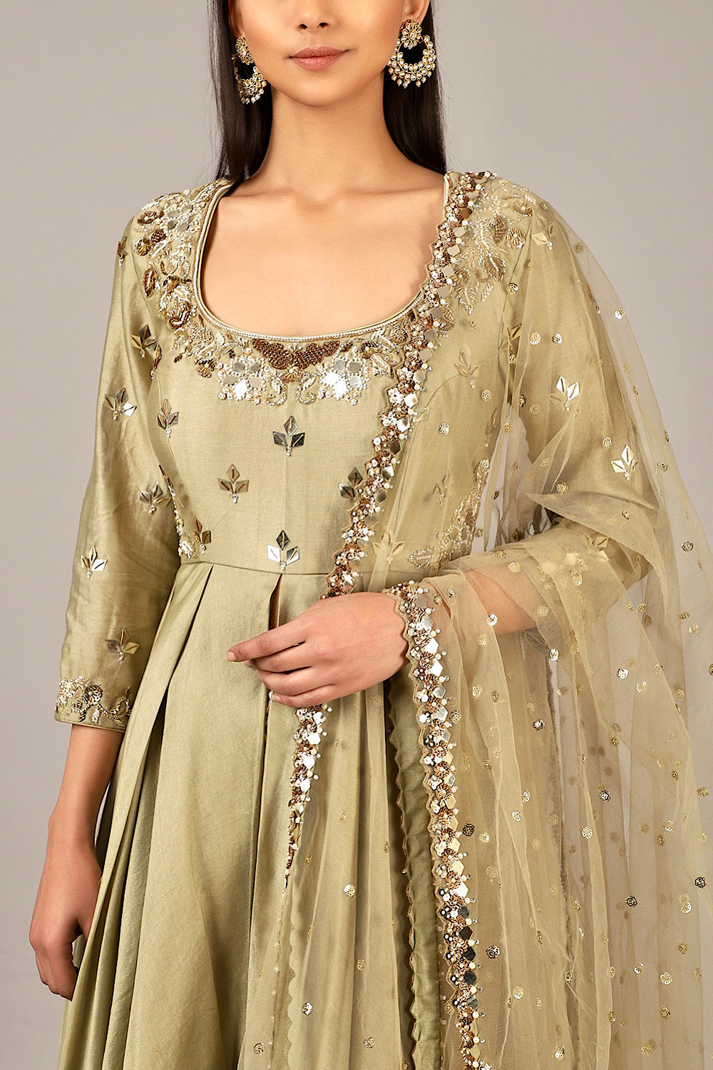 Muted Green Chanderi Drape Lehenga Set | Nidhika Shekhar