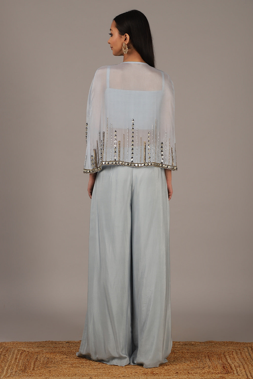 Aqua Embroidered Bustier Pallazo Cape Set | Nidhika Shekhar