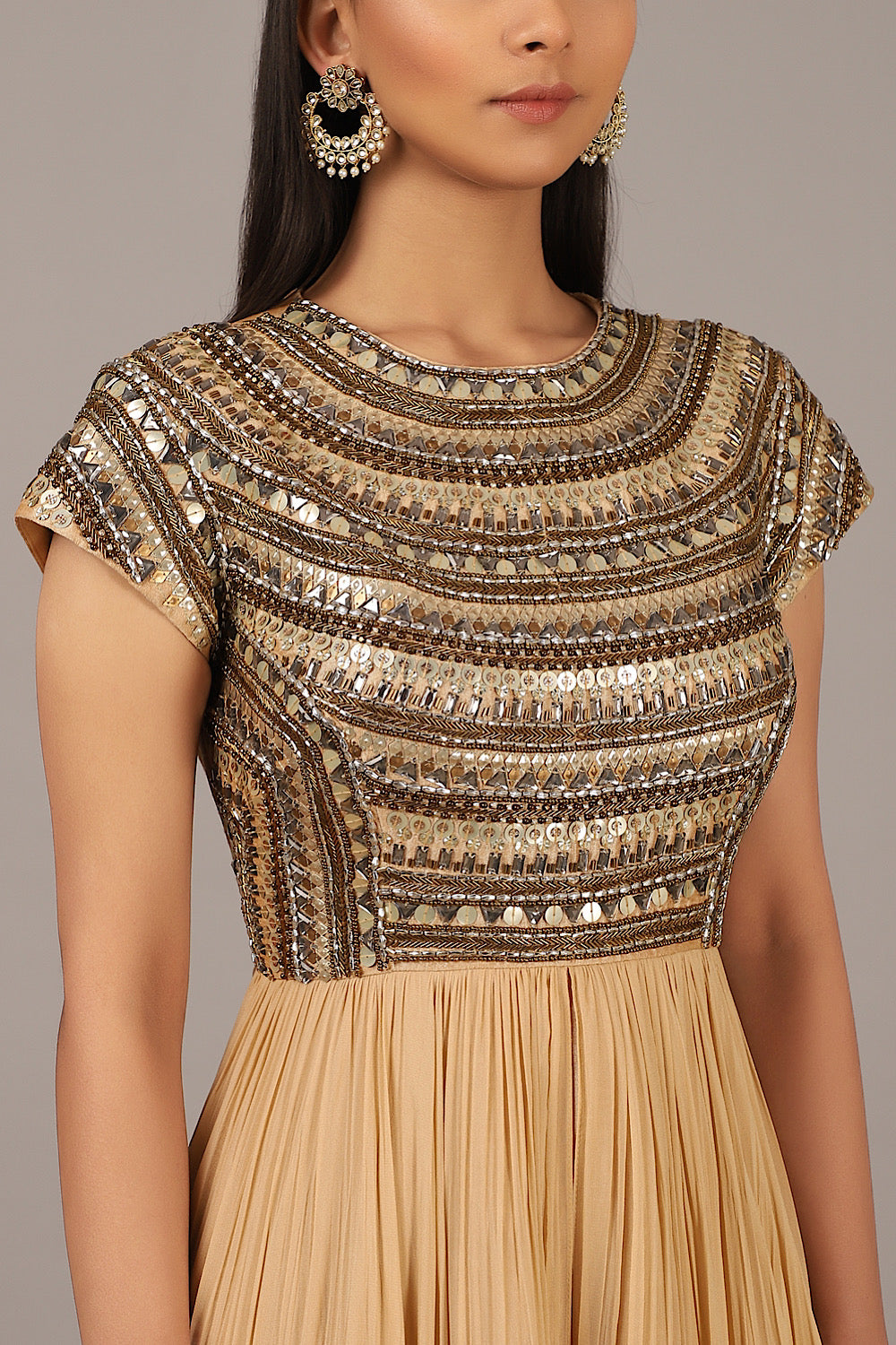Designer Beige Embroidered Persian Gown | Nidhika Shekhar
