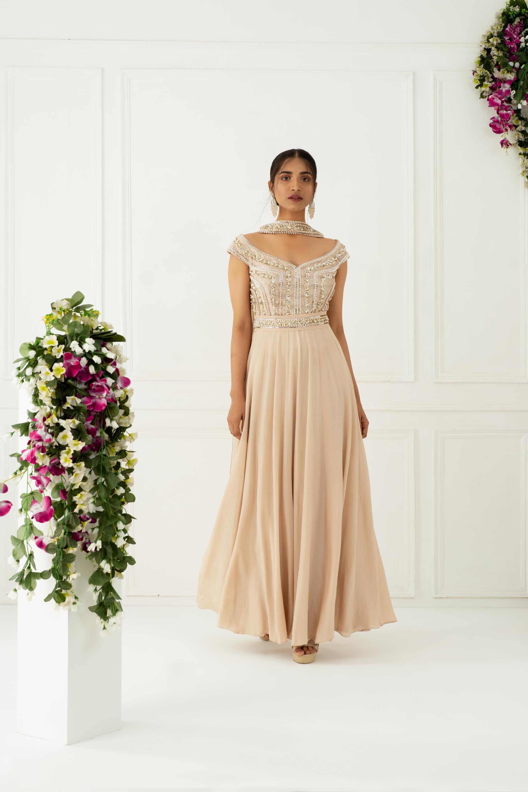 Beige Embroidered Floor Length Anarkali