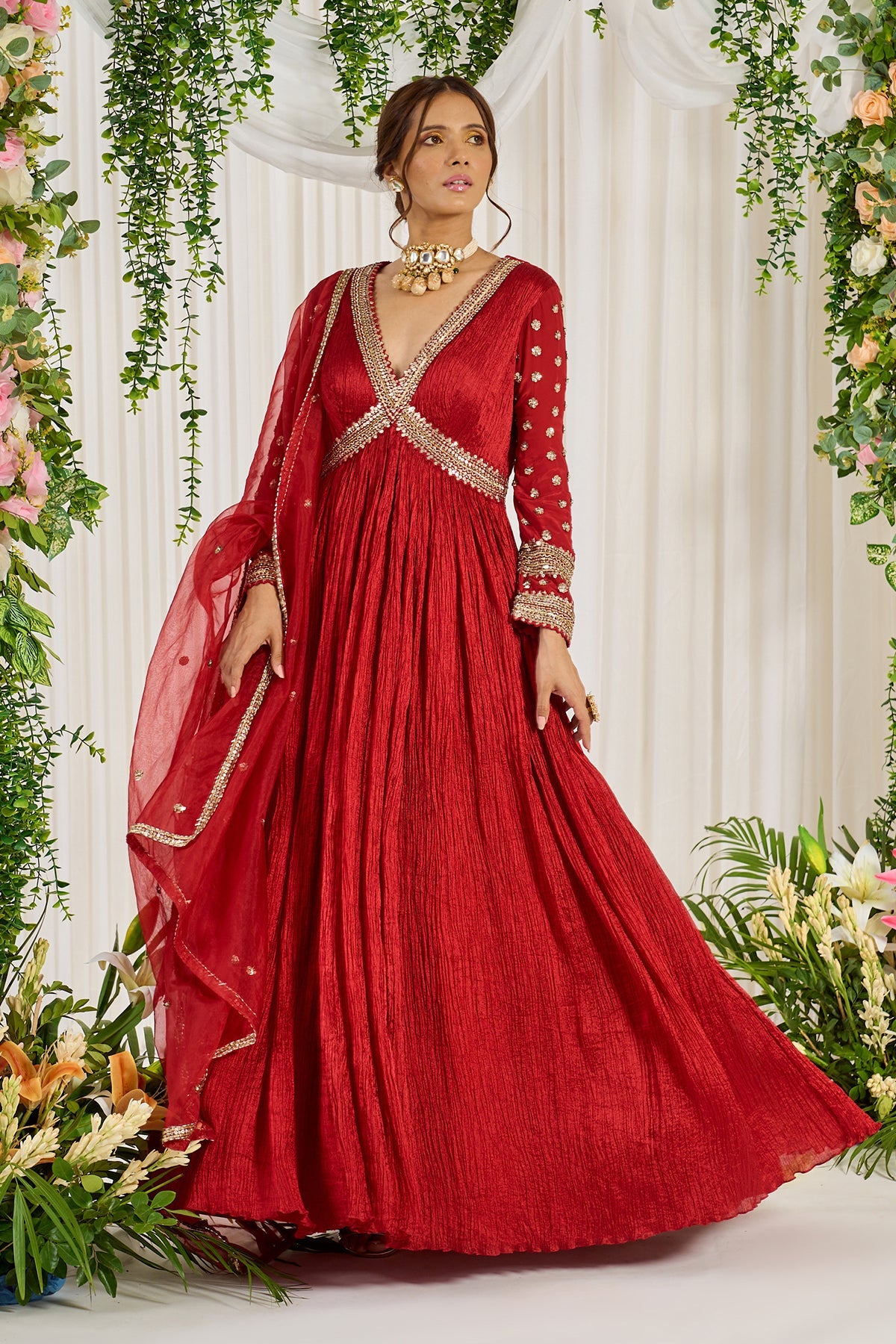 Red Floor Length Embroidered Karwa Anarkali | Nidhika Shekhar
