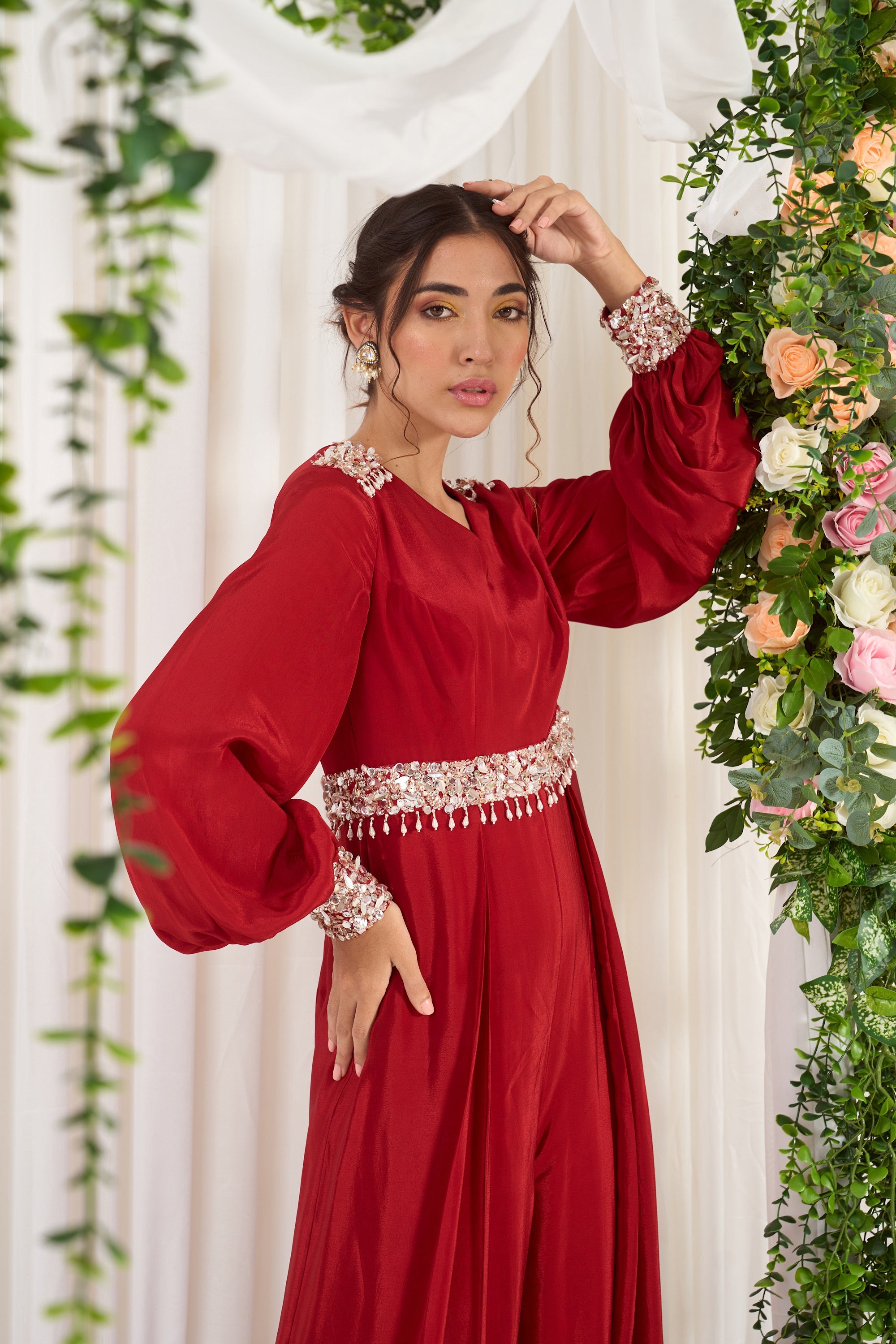 Designer Red Starry Embroidered Jumpsuit