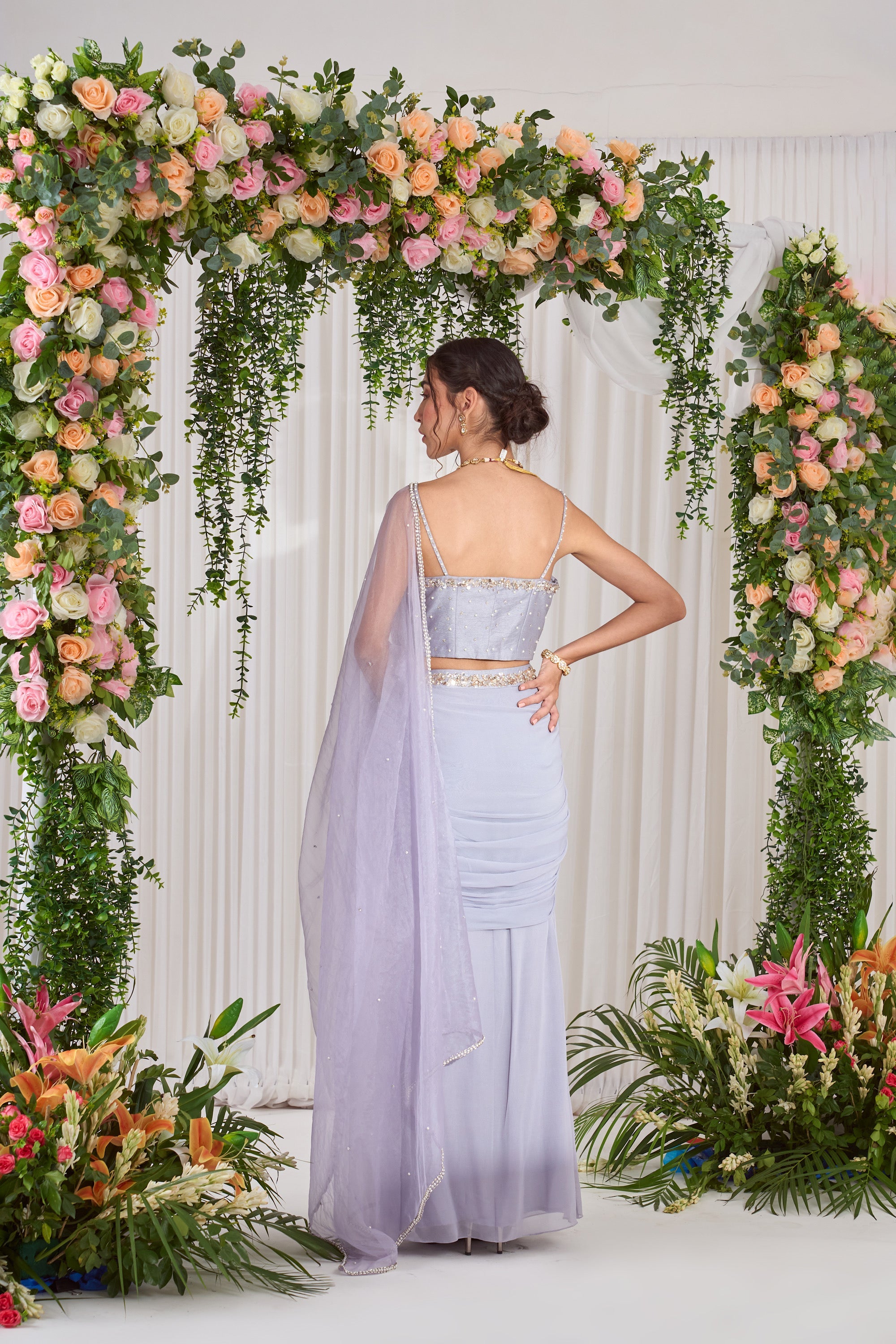Buy Lilac Apsara Corset And Drape Skirt Set | Nidhika Shekhar