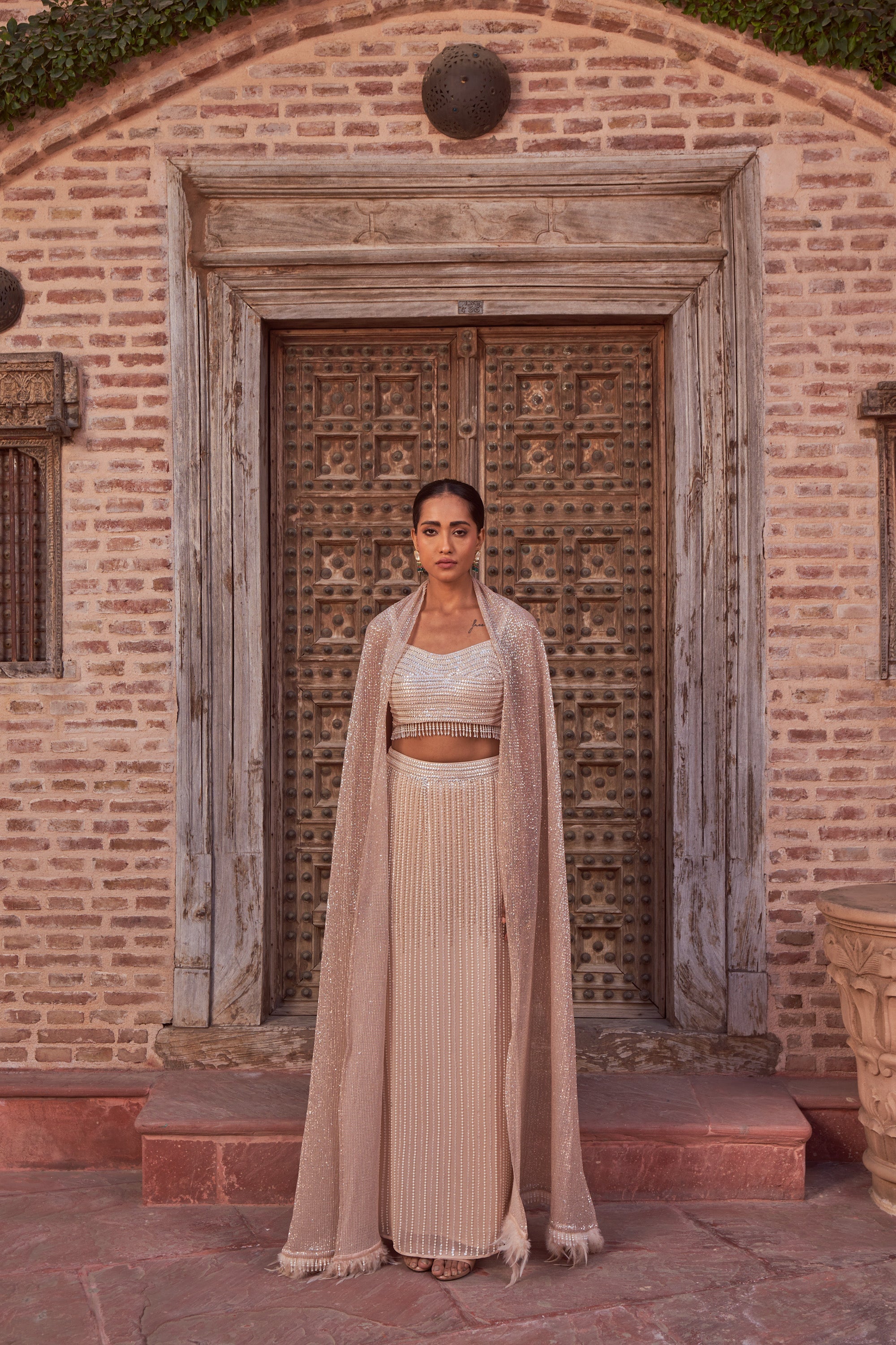 Women's Champagne Embroidered Lehenga Set | Nidhika Shekhar