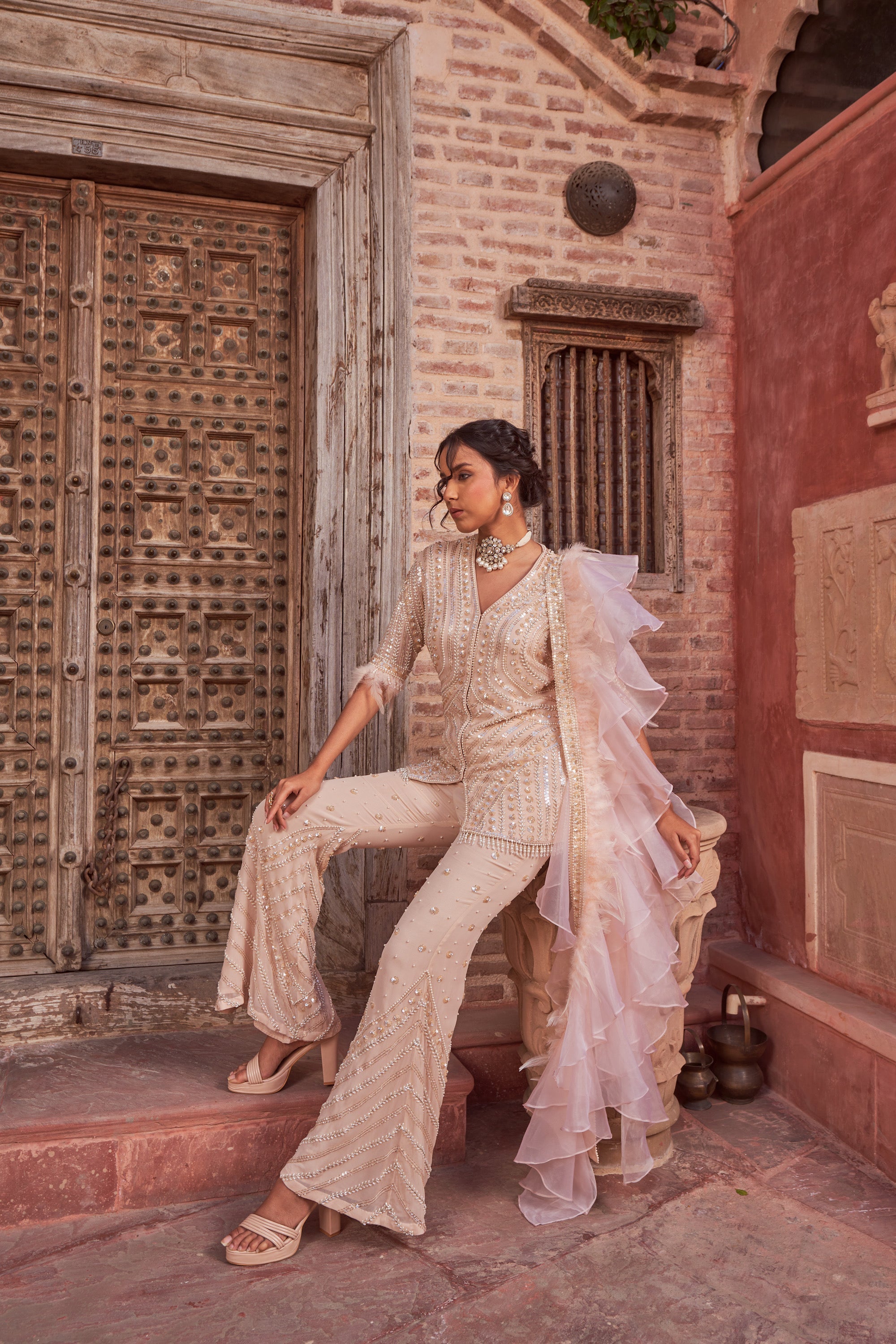 Buy Women's Champagne Embroidered Kurta | Nidhika Shekhar