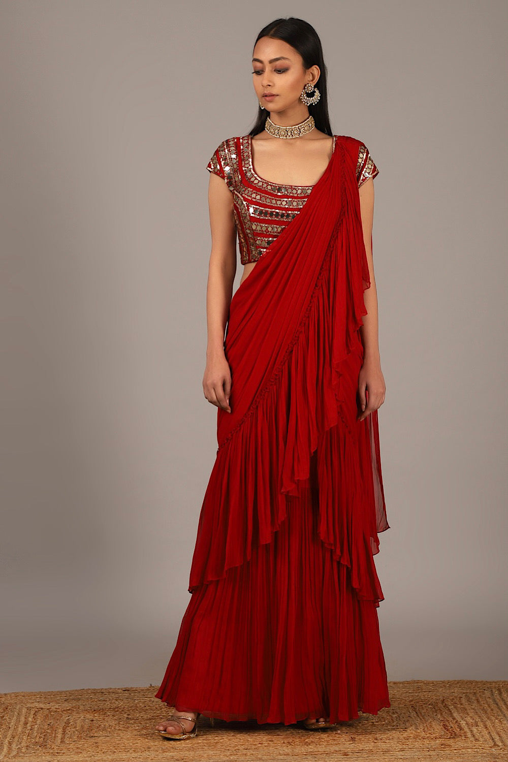 Designer Red Crinkle Drape Saree