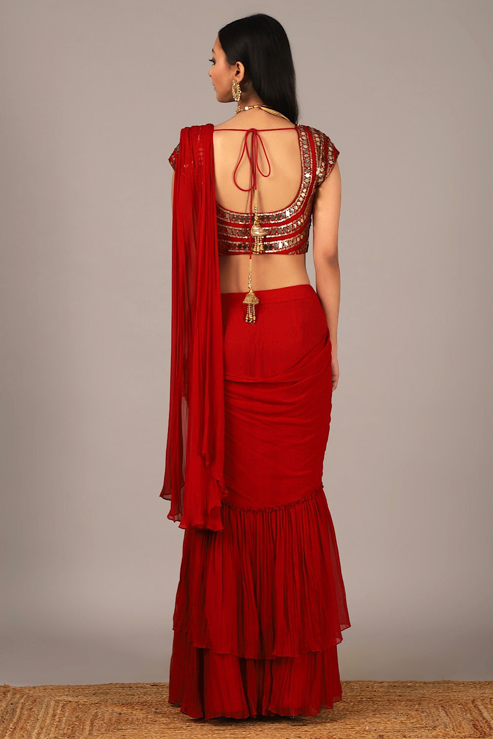 Designer Red Crinkle Drape Saree