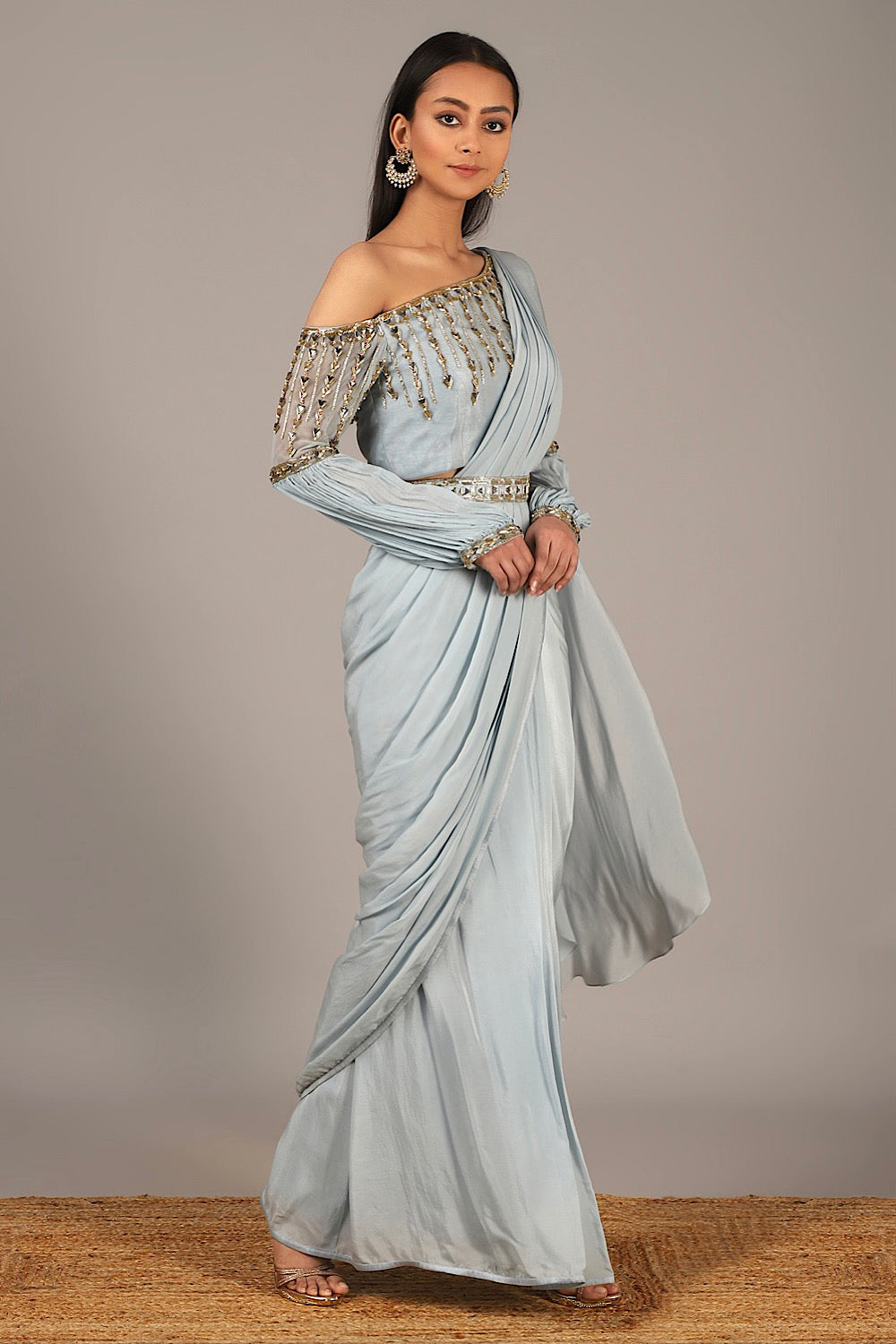 Shop Muted Aqua Off-Shoulder Drape Saree | Nidhika Shekhar