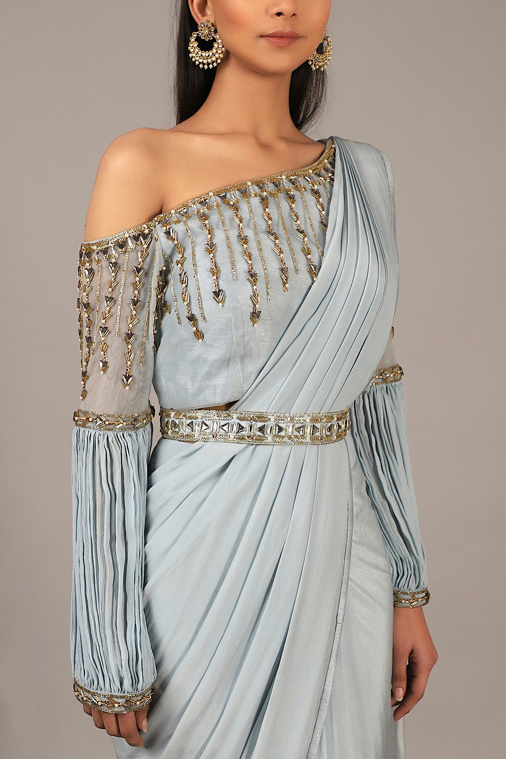 Shop Muted Aqua Off-Shoulder Drape Saree | Nidhika Shekhar