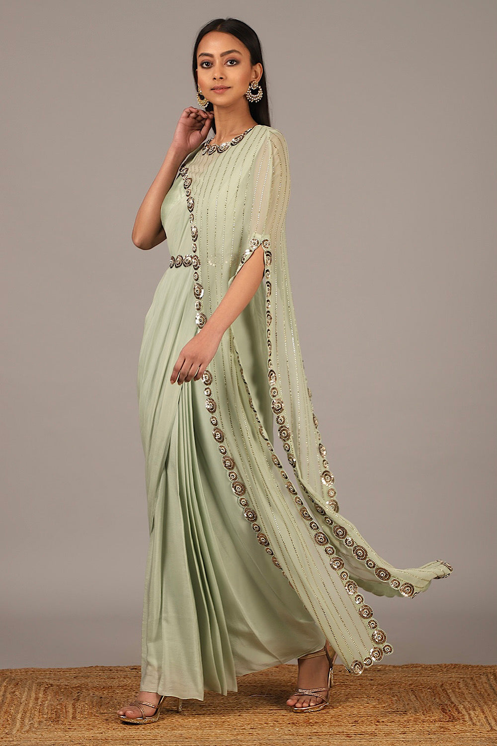 Nidhika Shekhar Buy Women's Designer Muted Green Drape Saree