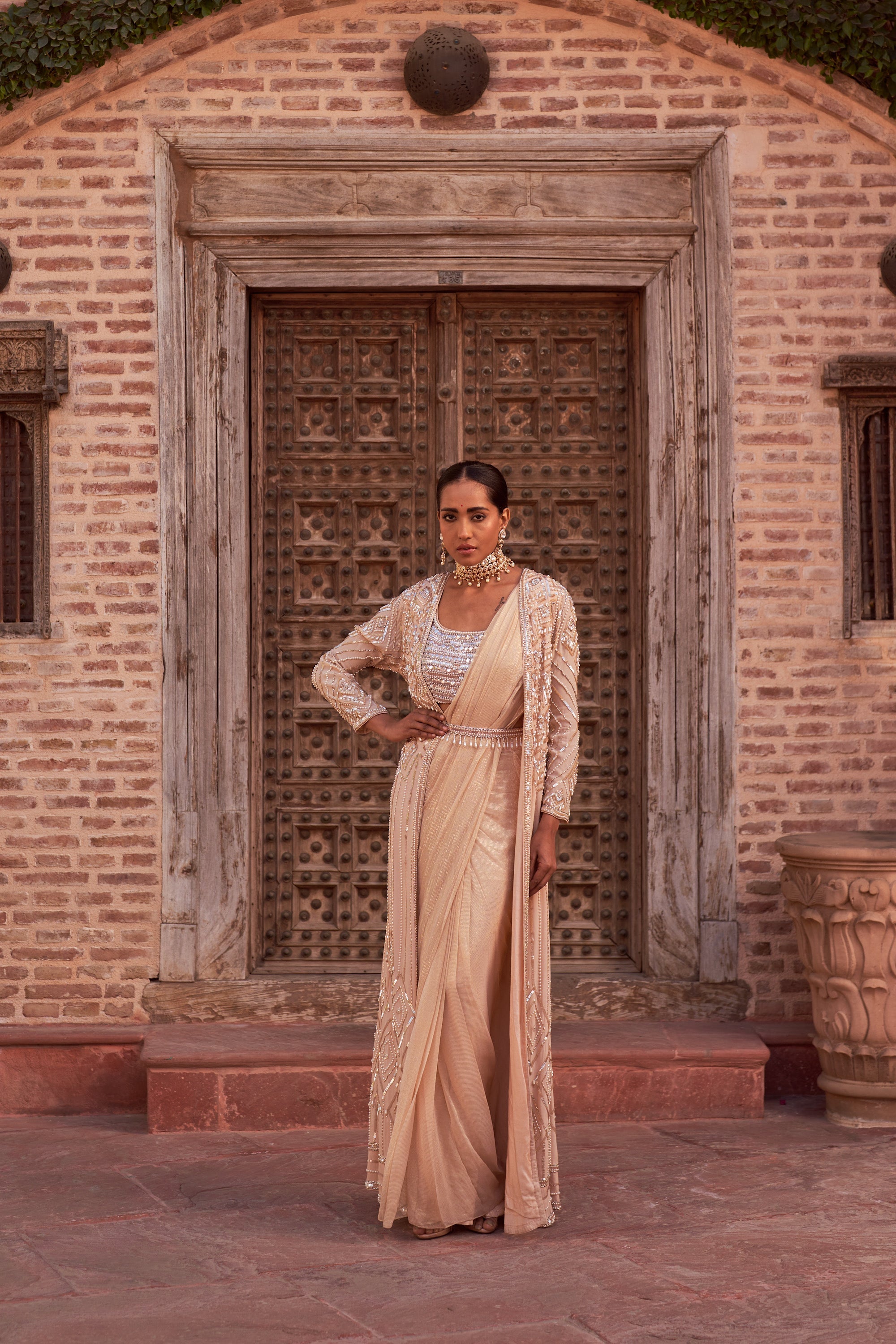 Buy Champagne Embroidered Drape Saree Set | Nidhika Shekhar