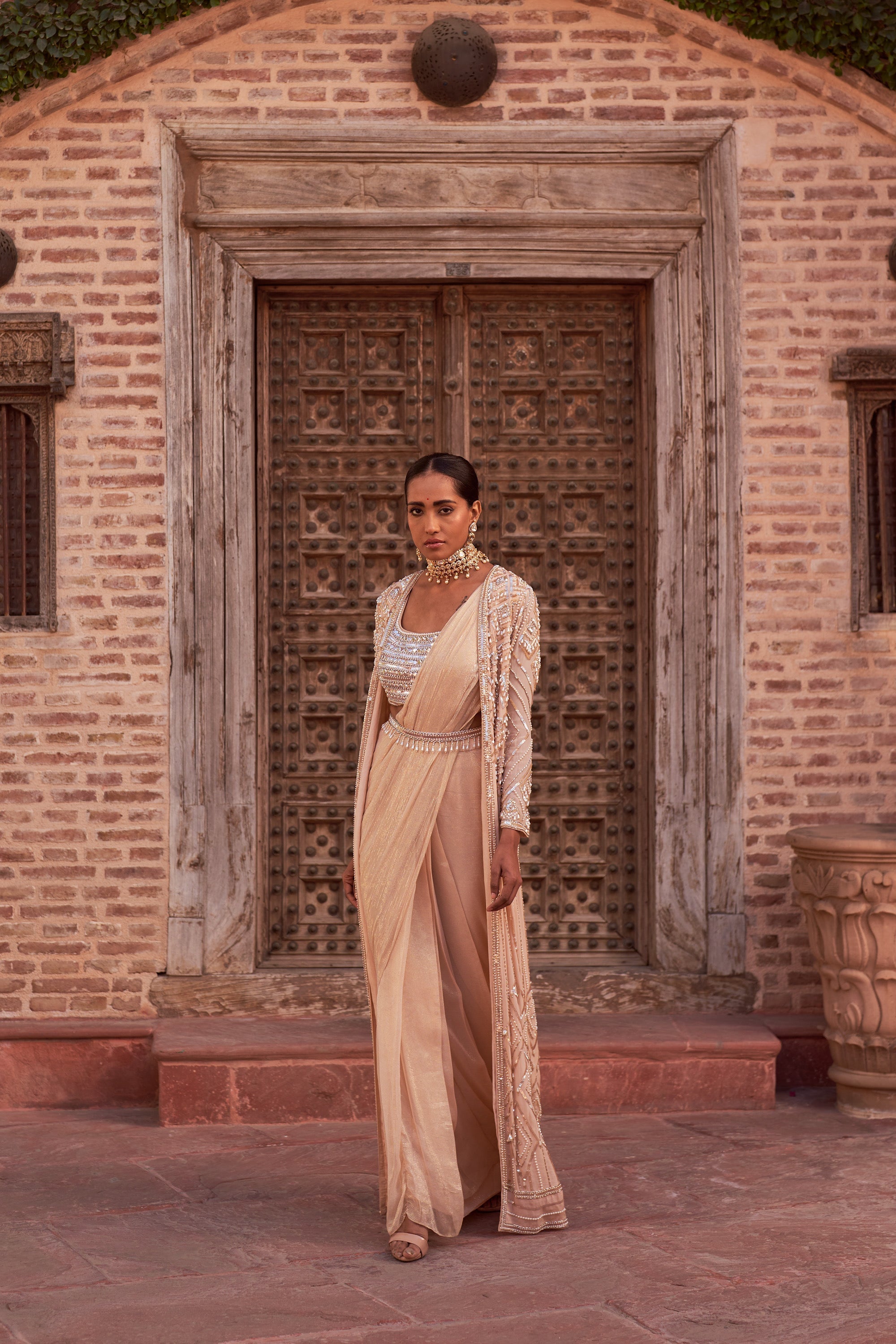 Buy Champagne Embroidered Drape Saree Set | Nidhika Shekhar