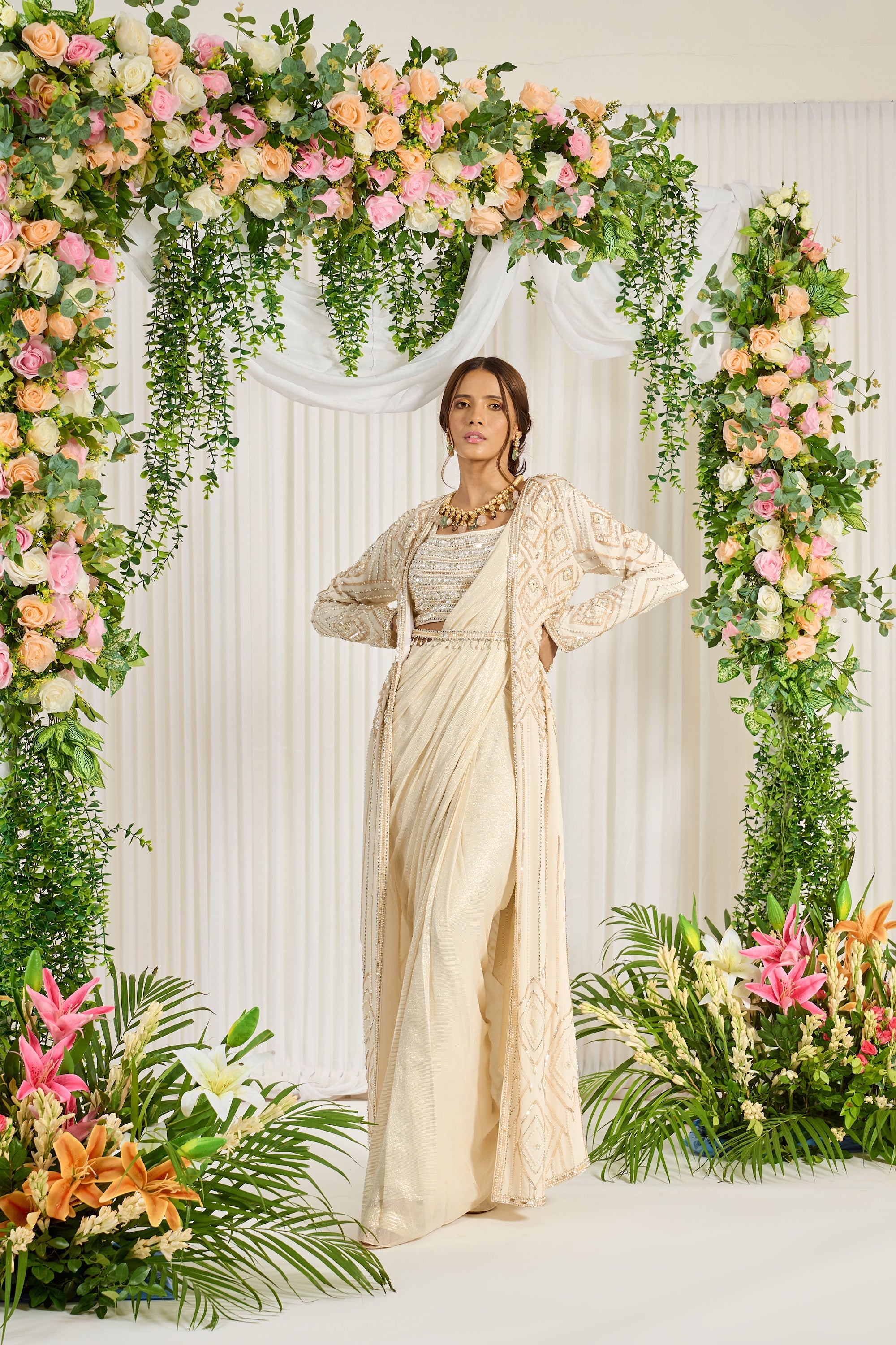 Shop Women's Ivory Embroidered Drape Saree Nidhika Shekhar