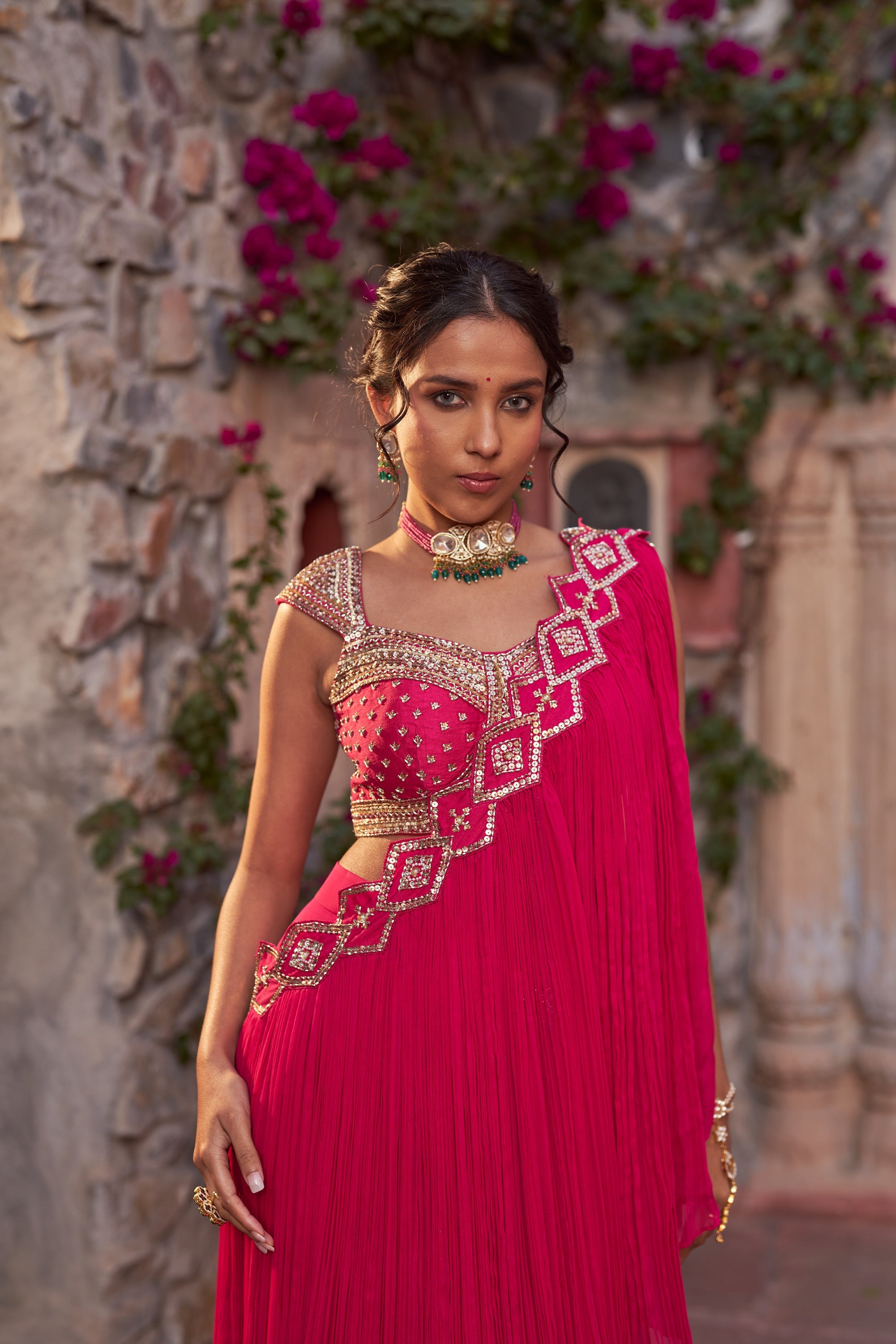 Fuchsia Pink Embroidered Pre-Drape Saree