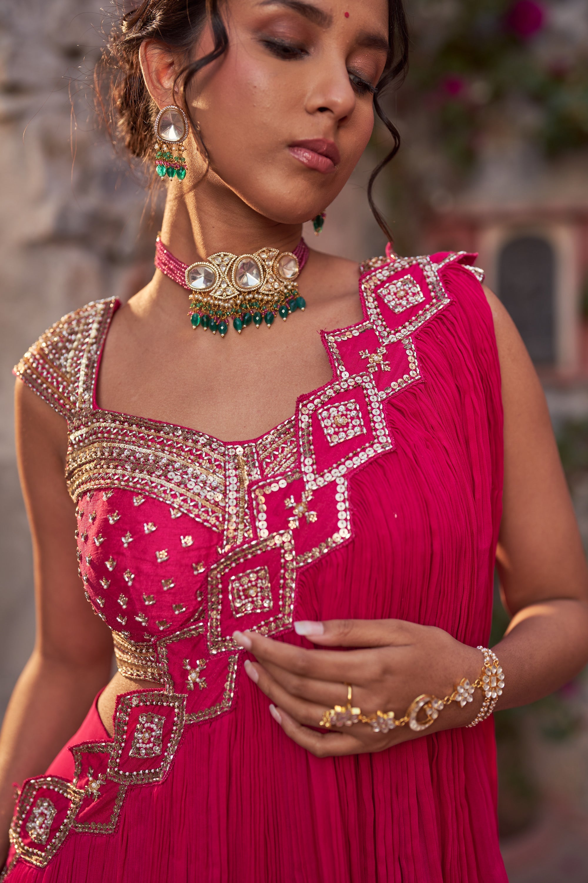 Fuchsia Pink Embroidered Pre-Drape Saree