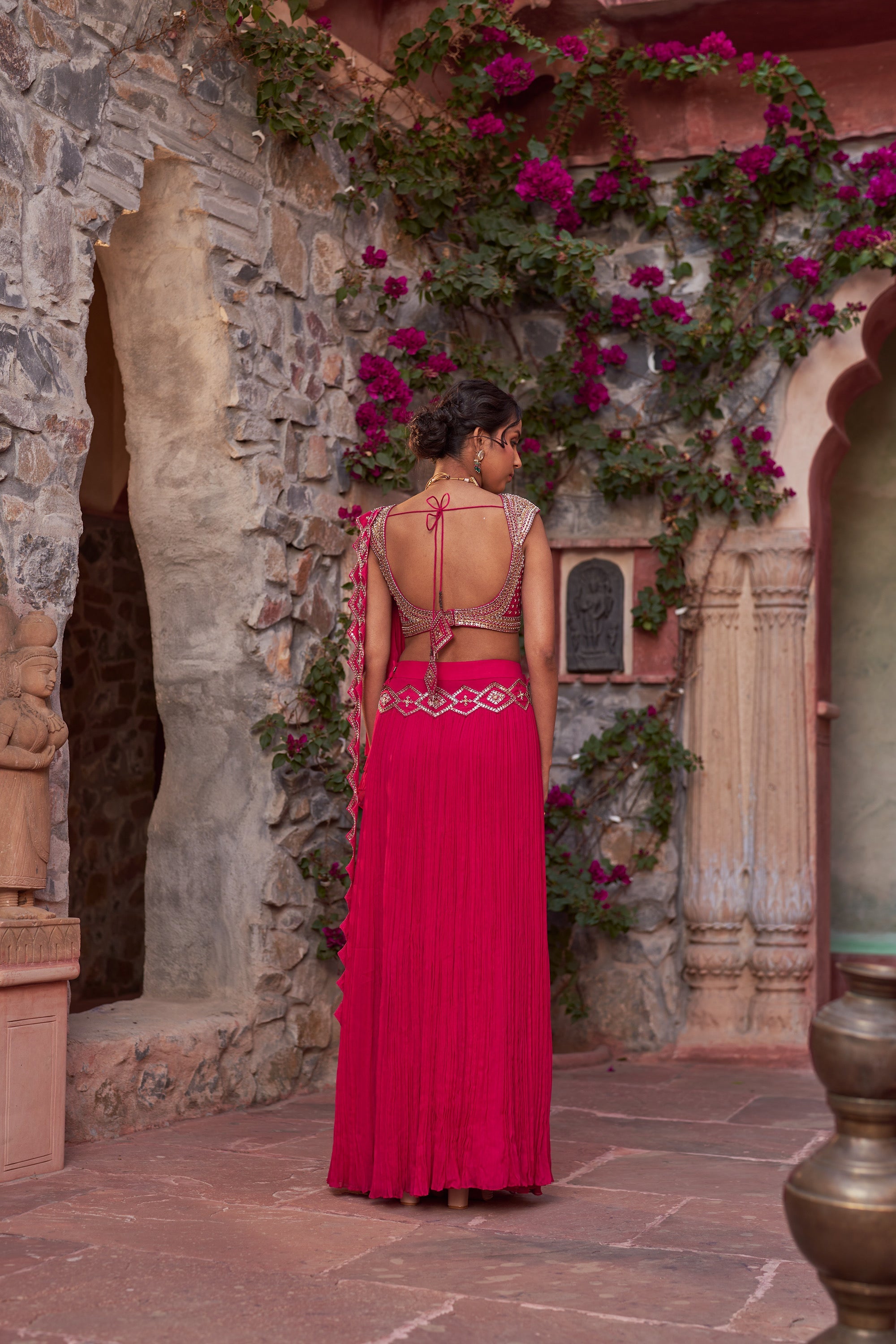 Fuchsia Pink Embroidered Pre-Drape Saree backview