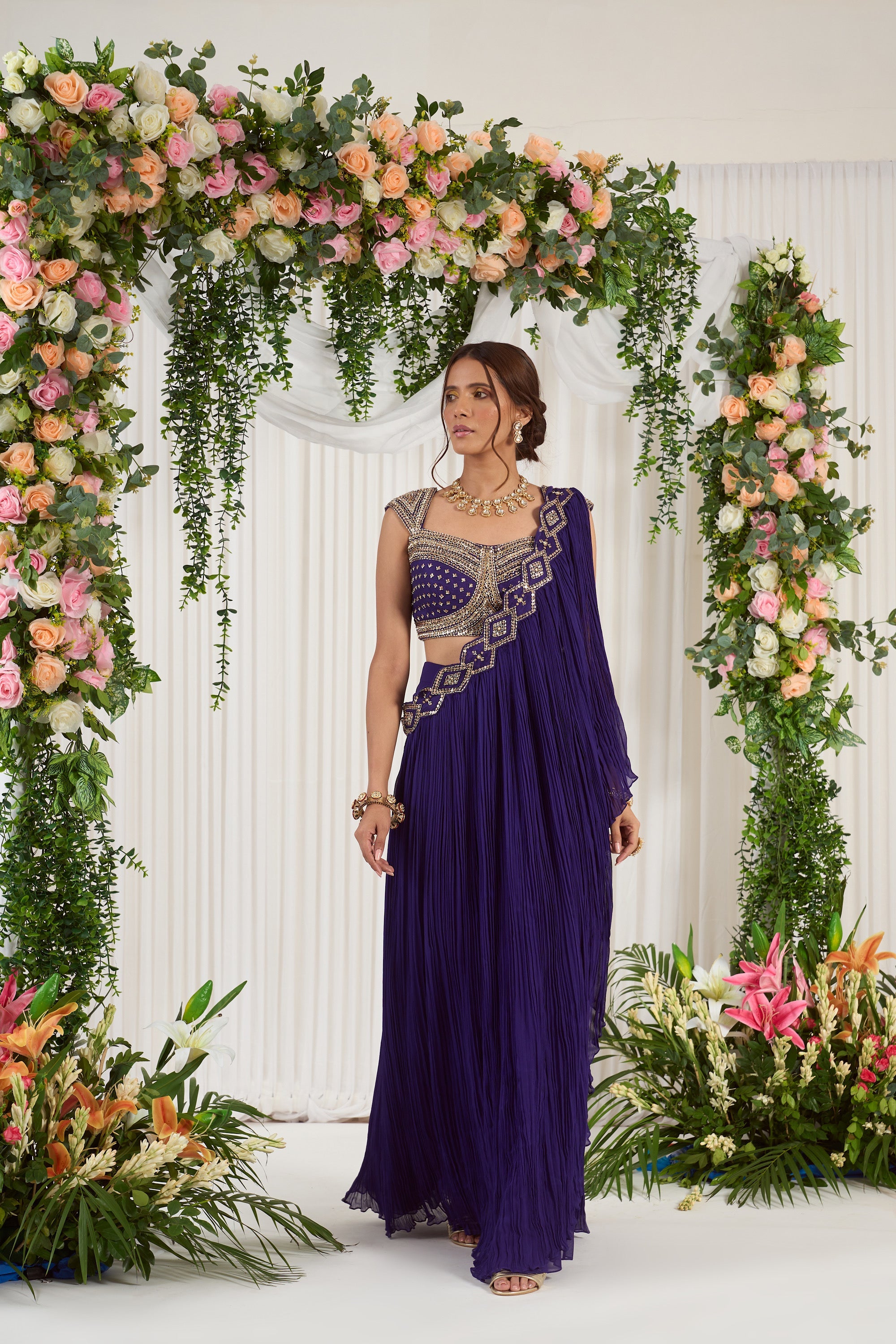 Royal Purple Embroidered Pre-Drape Saree