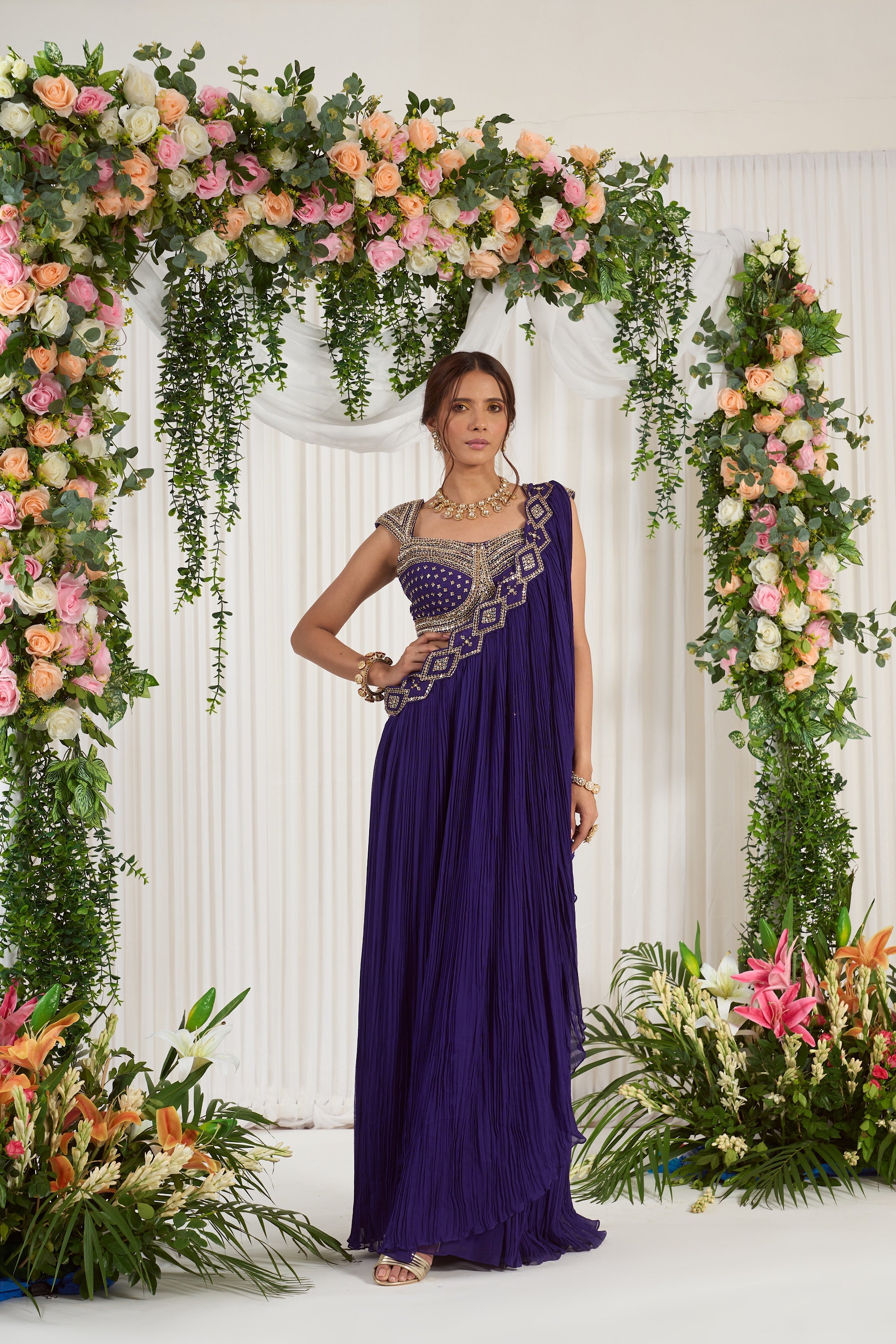 Royal Purple Embroidered Pre-Drape Saree