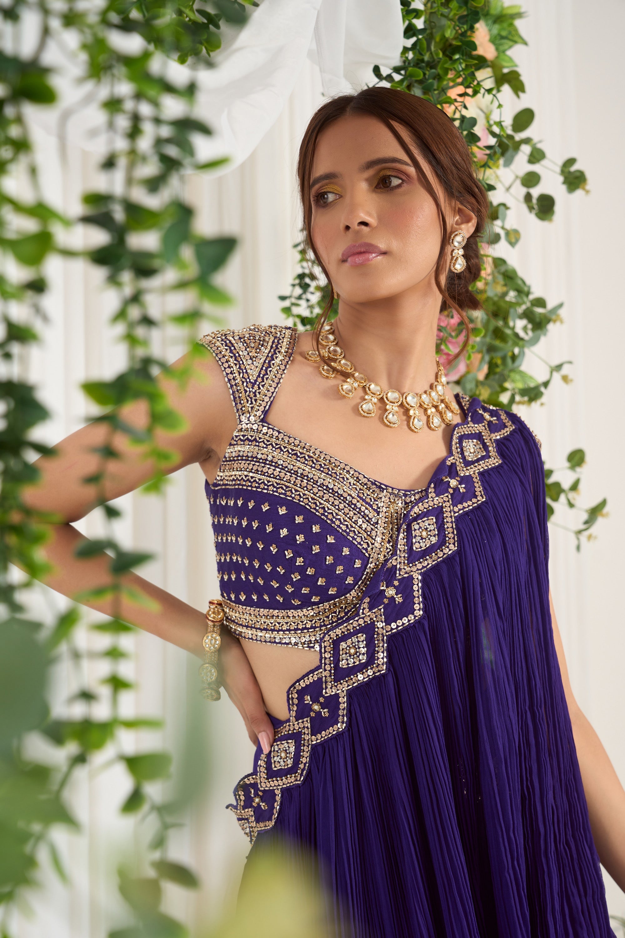 Royal Purple Embroidered Pre-Drape Saree