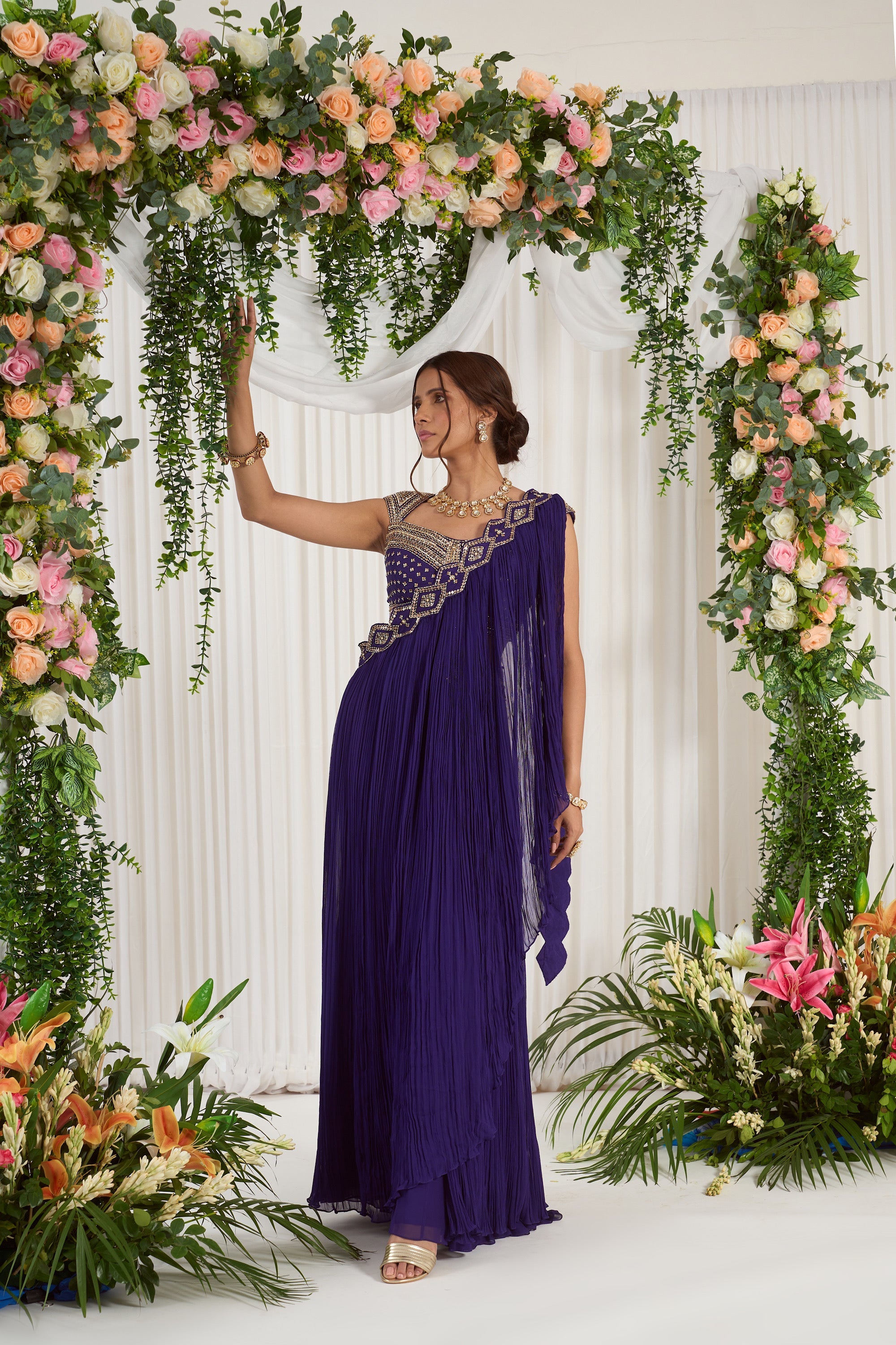 Royal Purple Embroidered Pre-Drape Saree