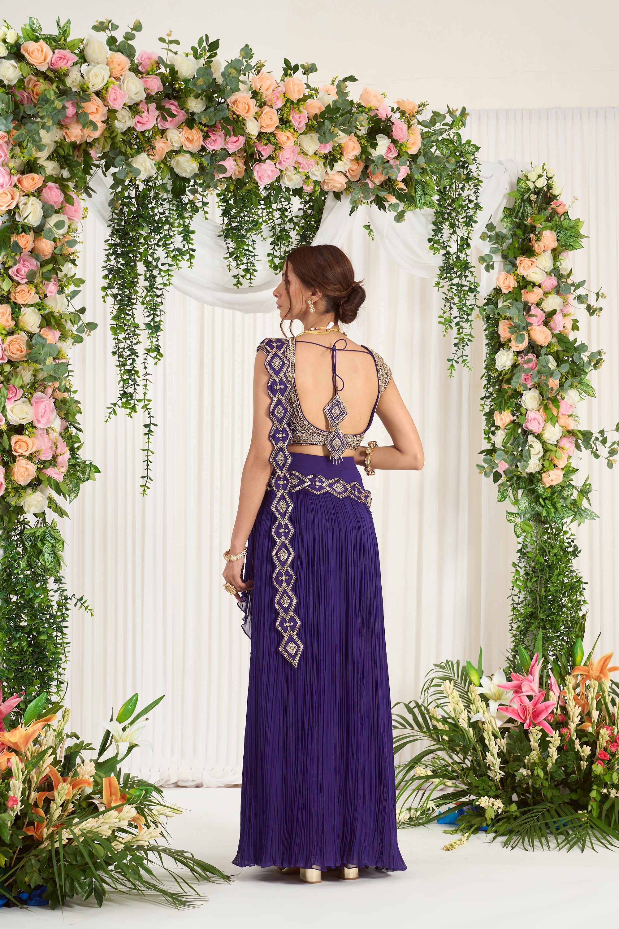 Royal Purple Embroidered Pre-Drape Sareebackview