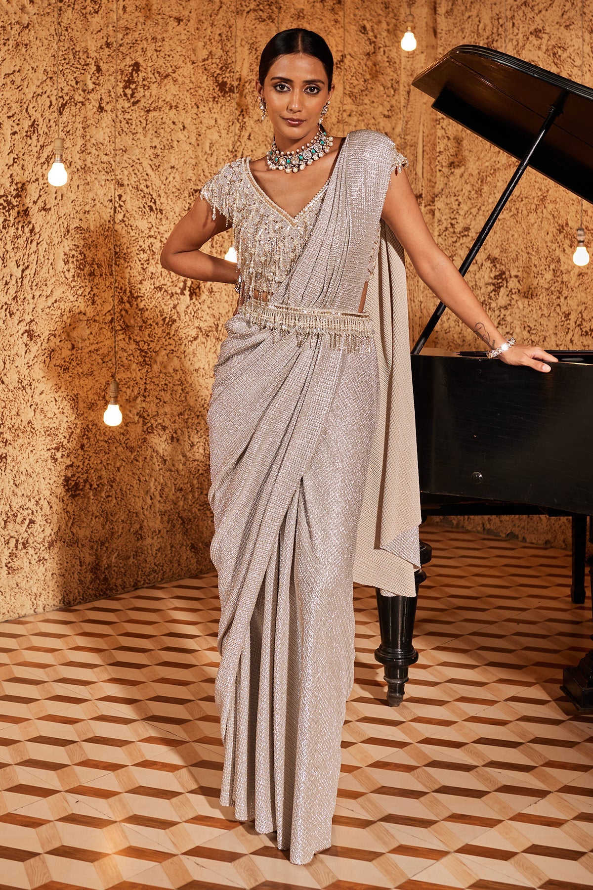 Buy Designer Silver Chand Mala Saree Set | Nidhika Shekhar