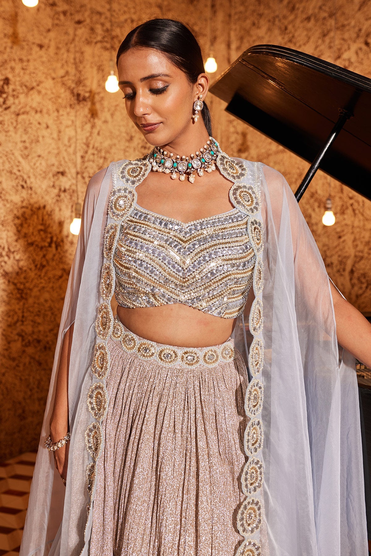 Designer Embroidered Aqua Lehenga Set