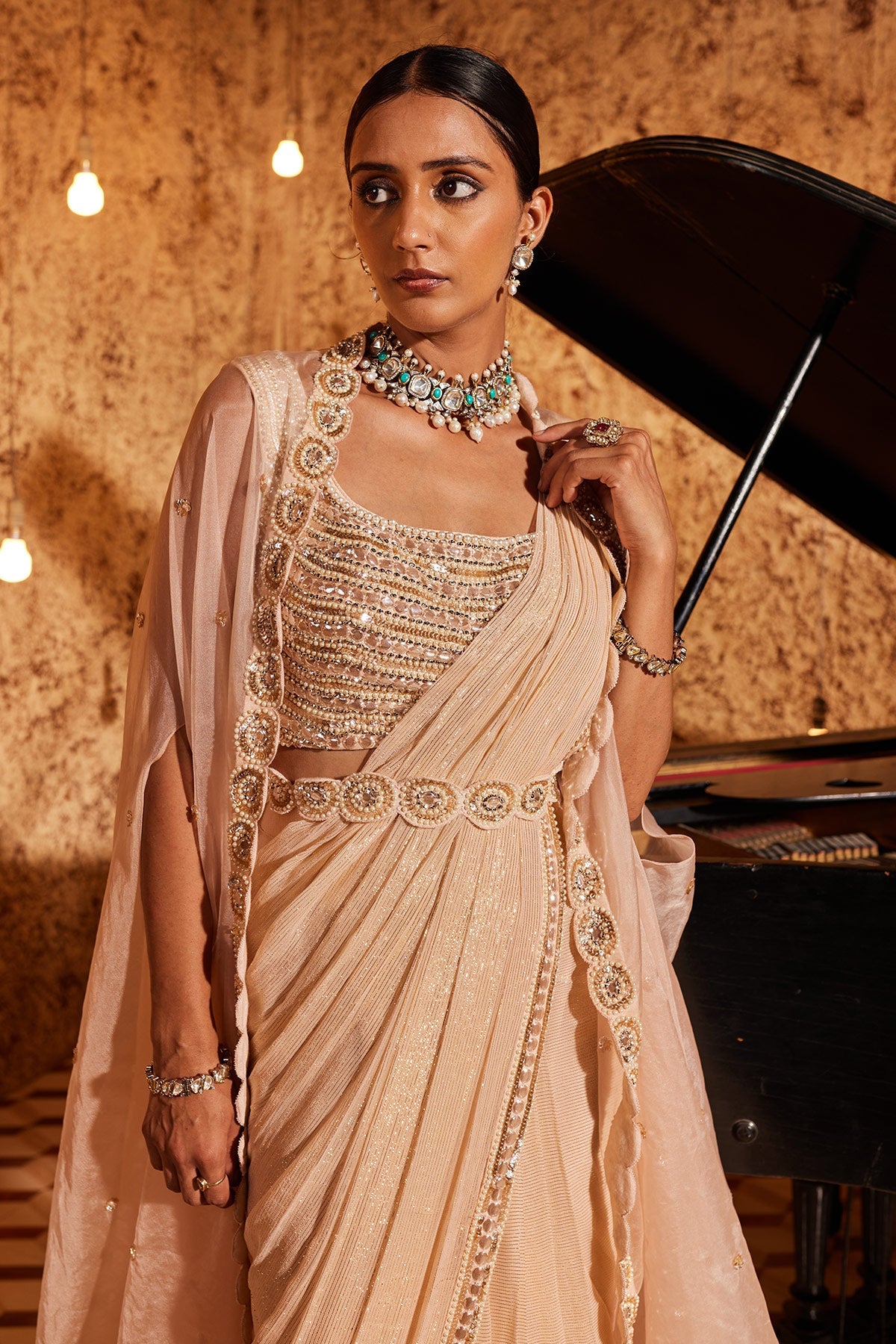 Buy Women's Champagne Sequin Saree Set | Nidhika Shekhar