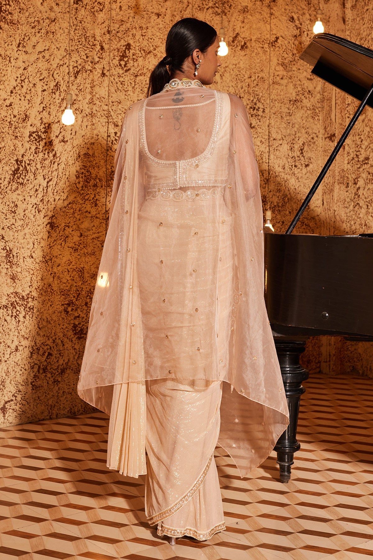 Buy Women's Champagne Sequin Saree Set | Nidhika Shekhar