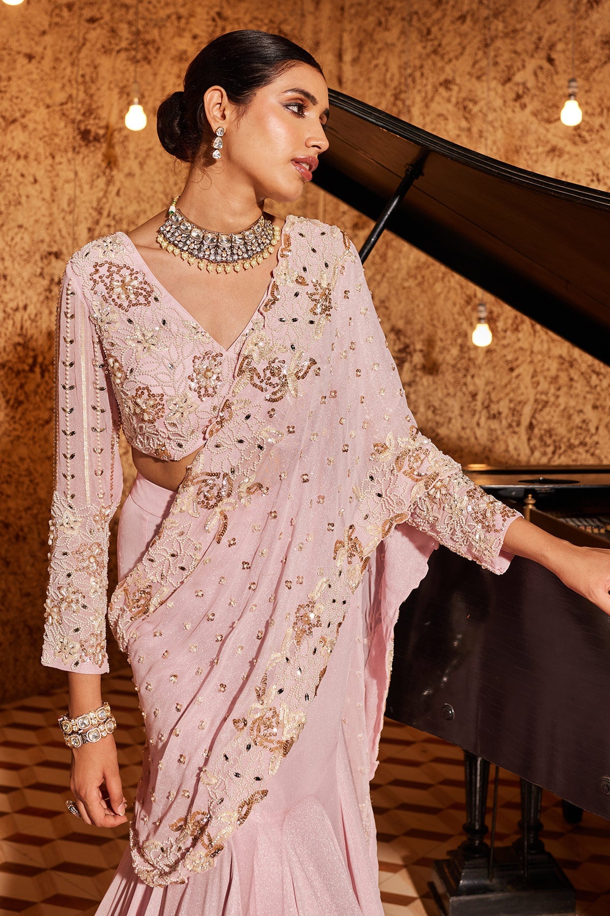 Buy Pink Drape Jashn.E. Bahaar Saree Set