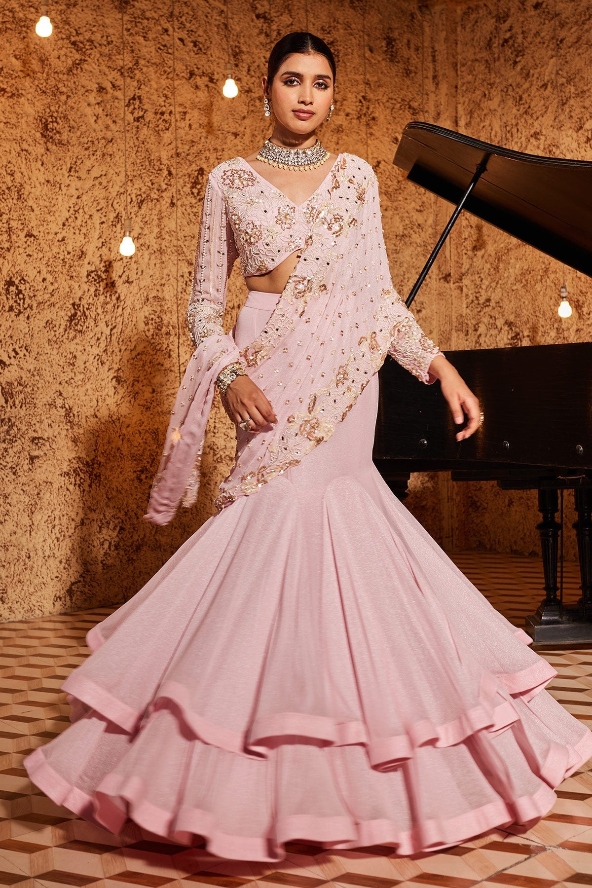 Buy Pink Drape Jashn.E. Bahaar Saree Set