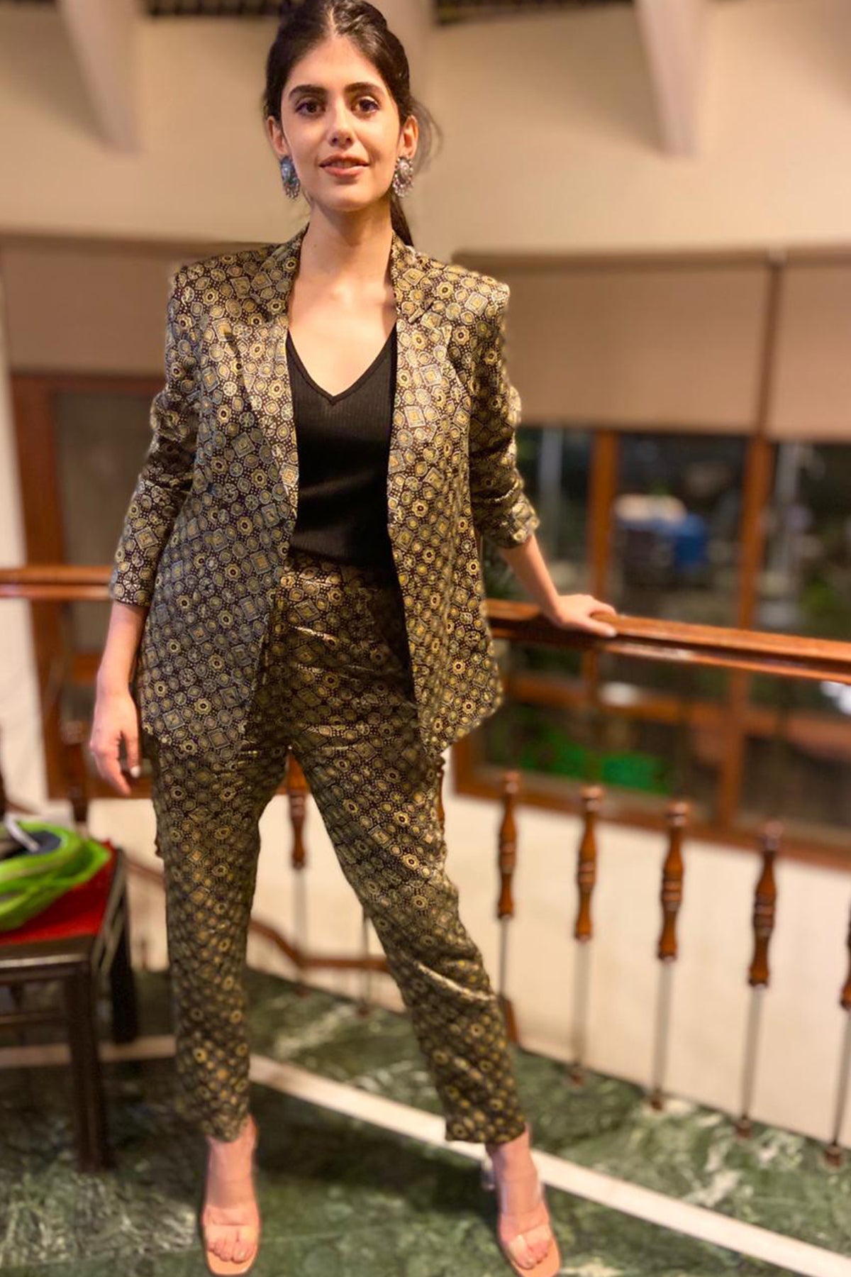 Women's Green Printed Collared Blazer