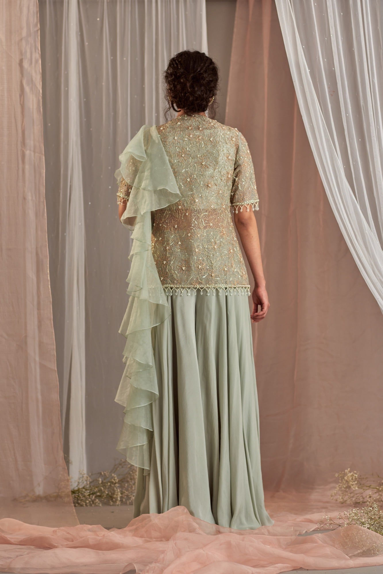 Muted Dull Green Organza Sharara Set