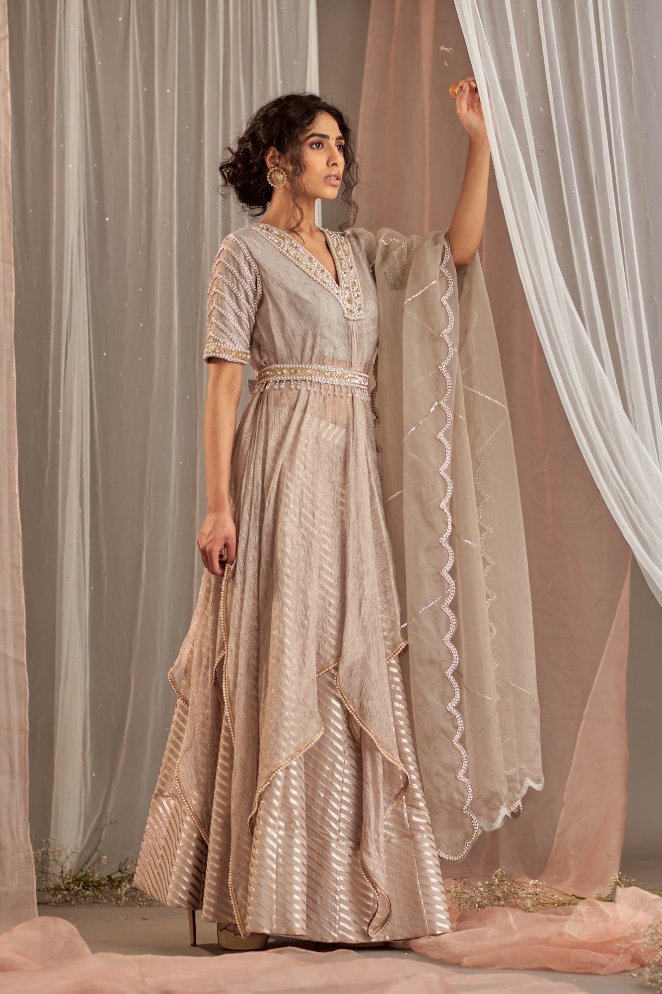 Shop Grey Embroidered Drape Kurta Set | Nidhika Shekhar