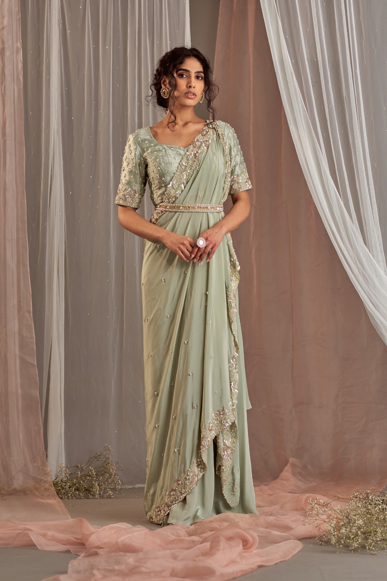 Shop Pastel Green Drape Saree With Embroidered Blouse