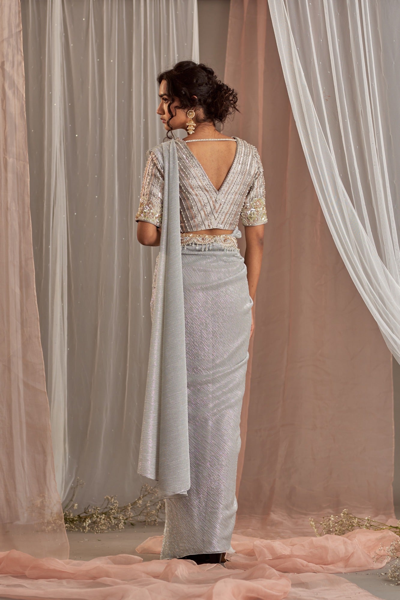 Buy Designer Grey Sitaare Drape Saree Set | Nidhika Shekhar