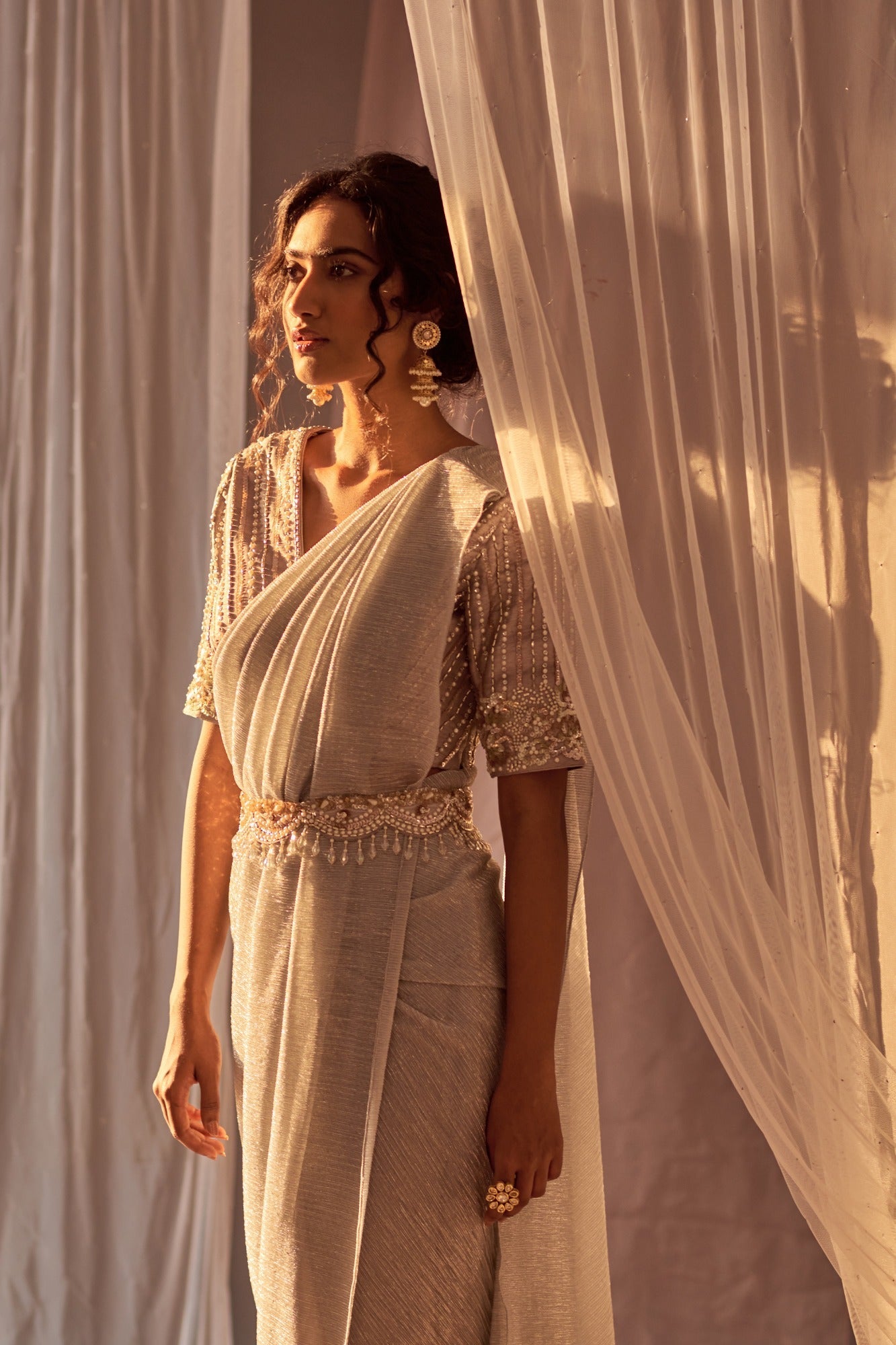 Buy Designer Grey Sitaare Drape Saree Set | Nidhika Shekhar