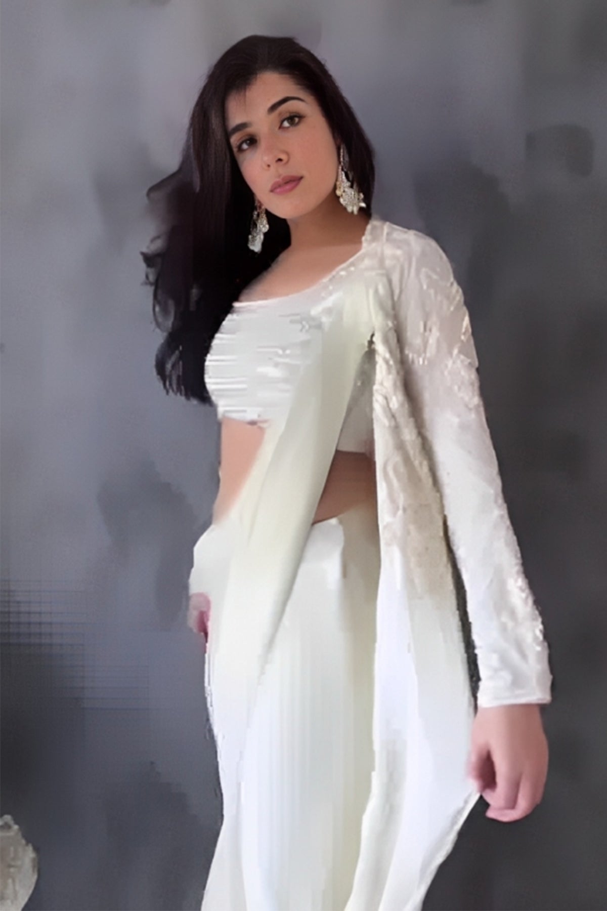 Designer Ivory Embroidered Drape Saree Set